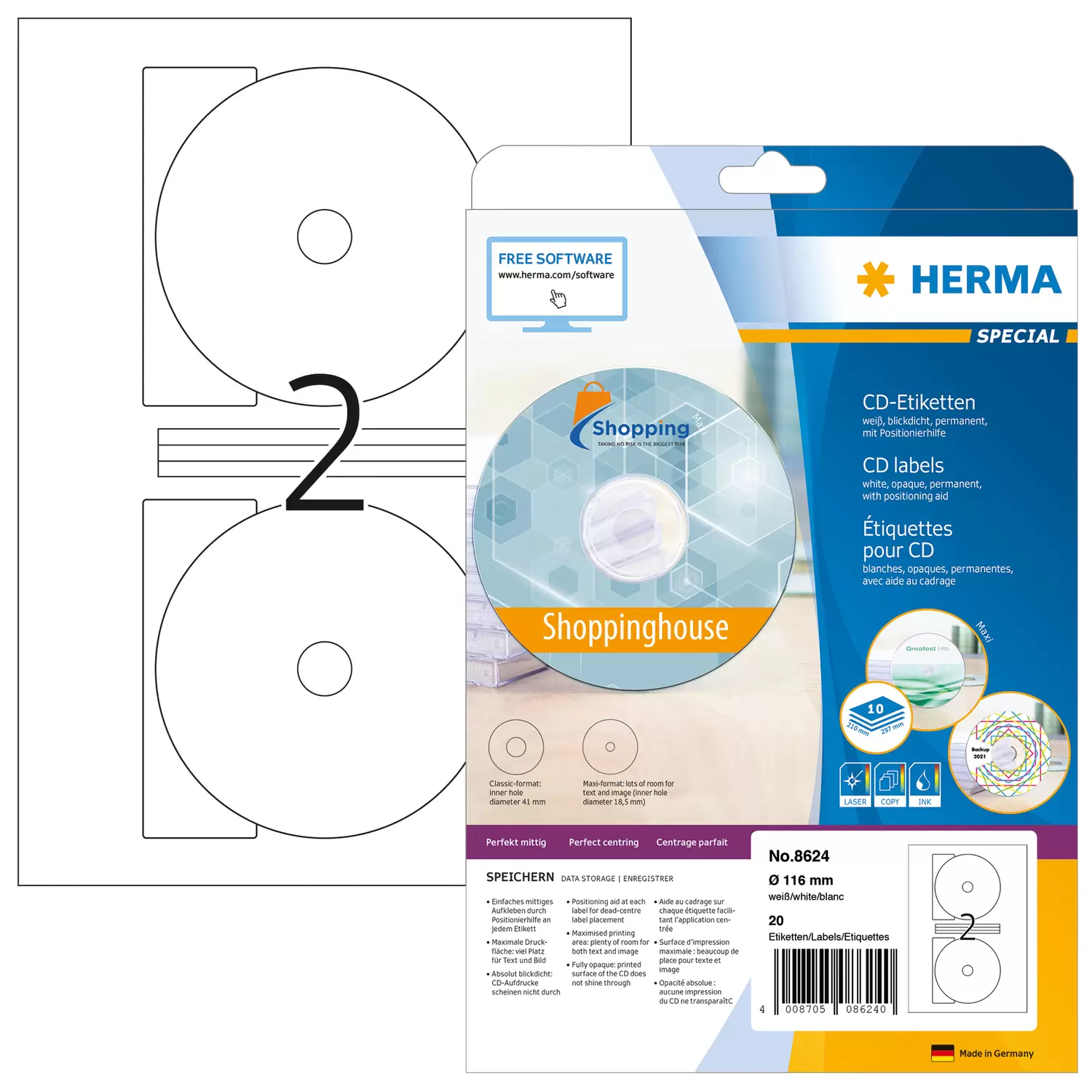 HERMA Special Maxi - Papier - matt - permanent selbstklebend - weiß - 116 mm rund 20 Etikett(en) (10 Bogen x 2), Ansicht 4