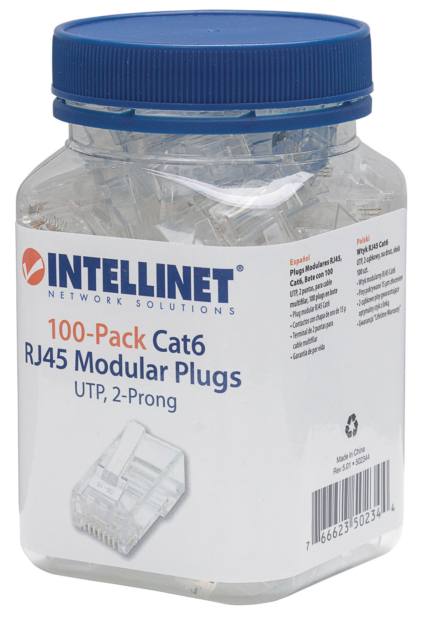 Intellinet RJ45 Modular Plugs, Cat6, UTP, 2-prong, for stranded wire, 15 µ gold plated contacts, 100 pack, Ansicht 2
