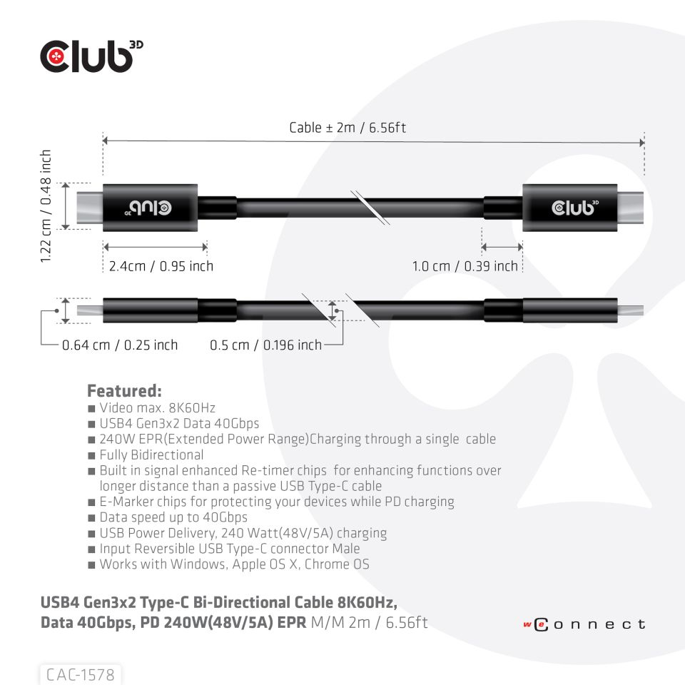 Club 3D USB-Kabel - 24 pin USB-C (M) zu 24 pin USB-C (M) - USB4 Gen3x2 - 48 V - 5 A - 2 m - Support von 8K 60 Hz, Ansicht 3