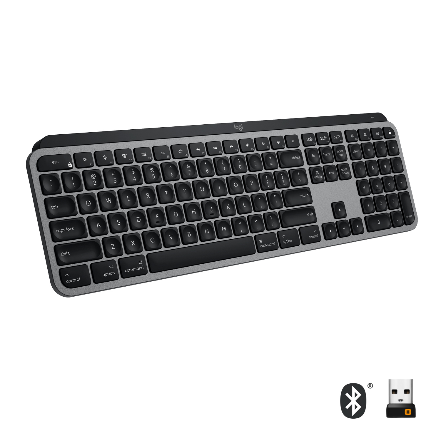 Logitech MX Keys f/ Mac, Volle Größe (100%), Kabellos, RF Wireless + Bluetooth, QWERTY, Grau