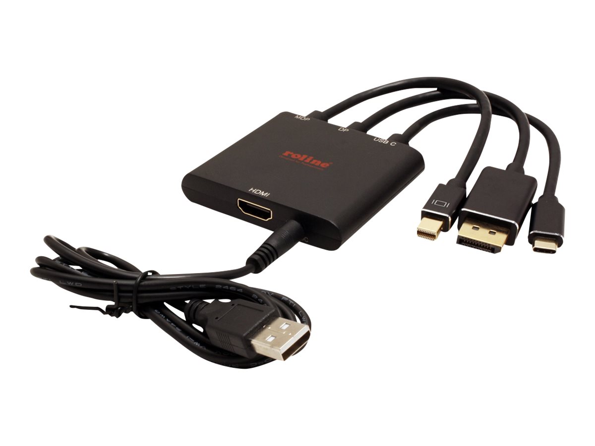 Roline - Videoadapter - DisplayPort, Mini DisplayPort, USB-C männlich zu Gleichstromstecker, HDMI weiblich - 15 cm - Schwarz - 4K Unterstützung, aktiv