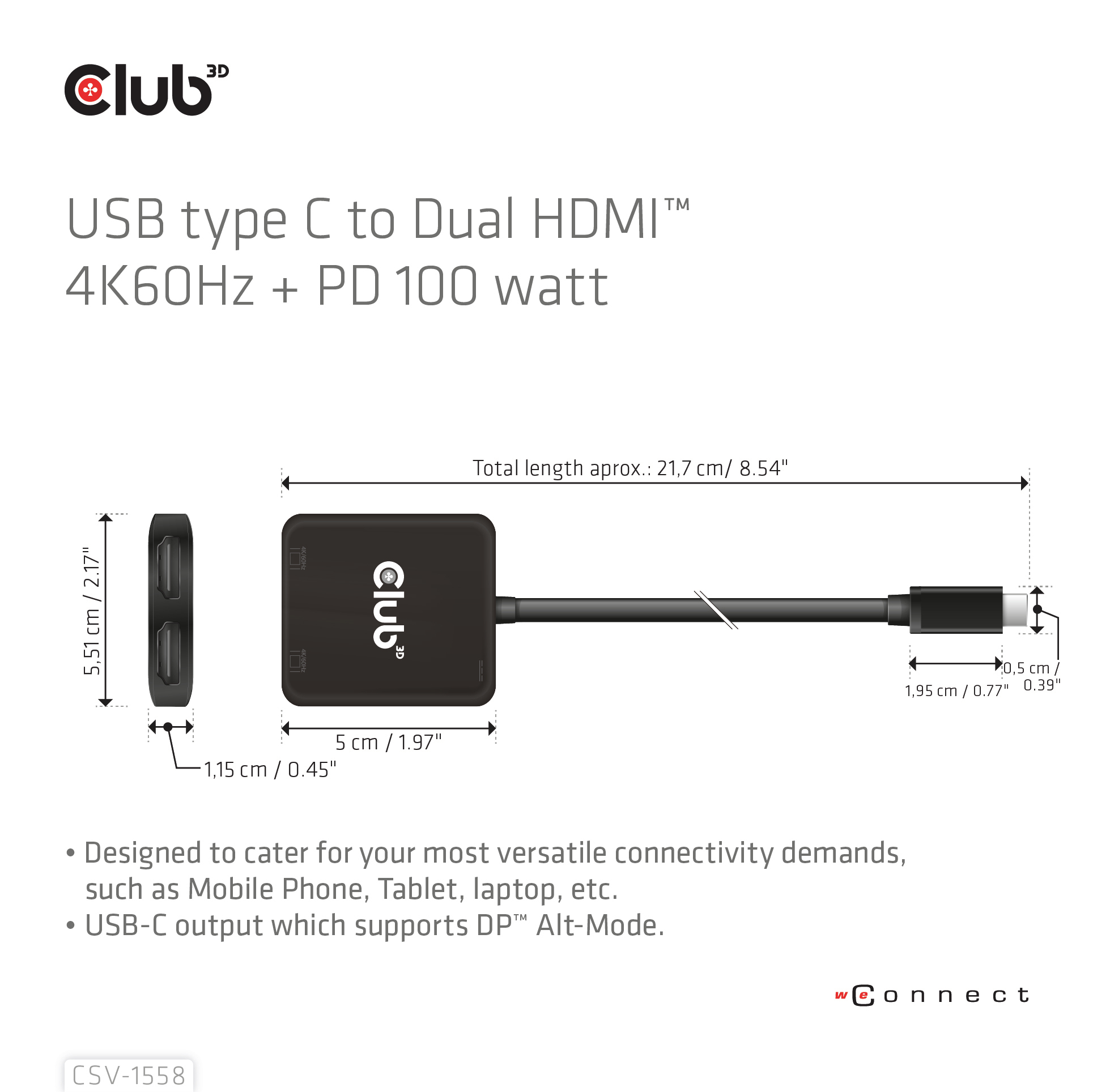 Club 3D Videoadapter - 24 pin USB-C männlich zu HDMI weiblich - 15 cm - USB-Stromversorgung (100 W), Ansicht 3