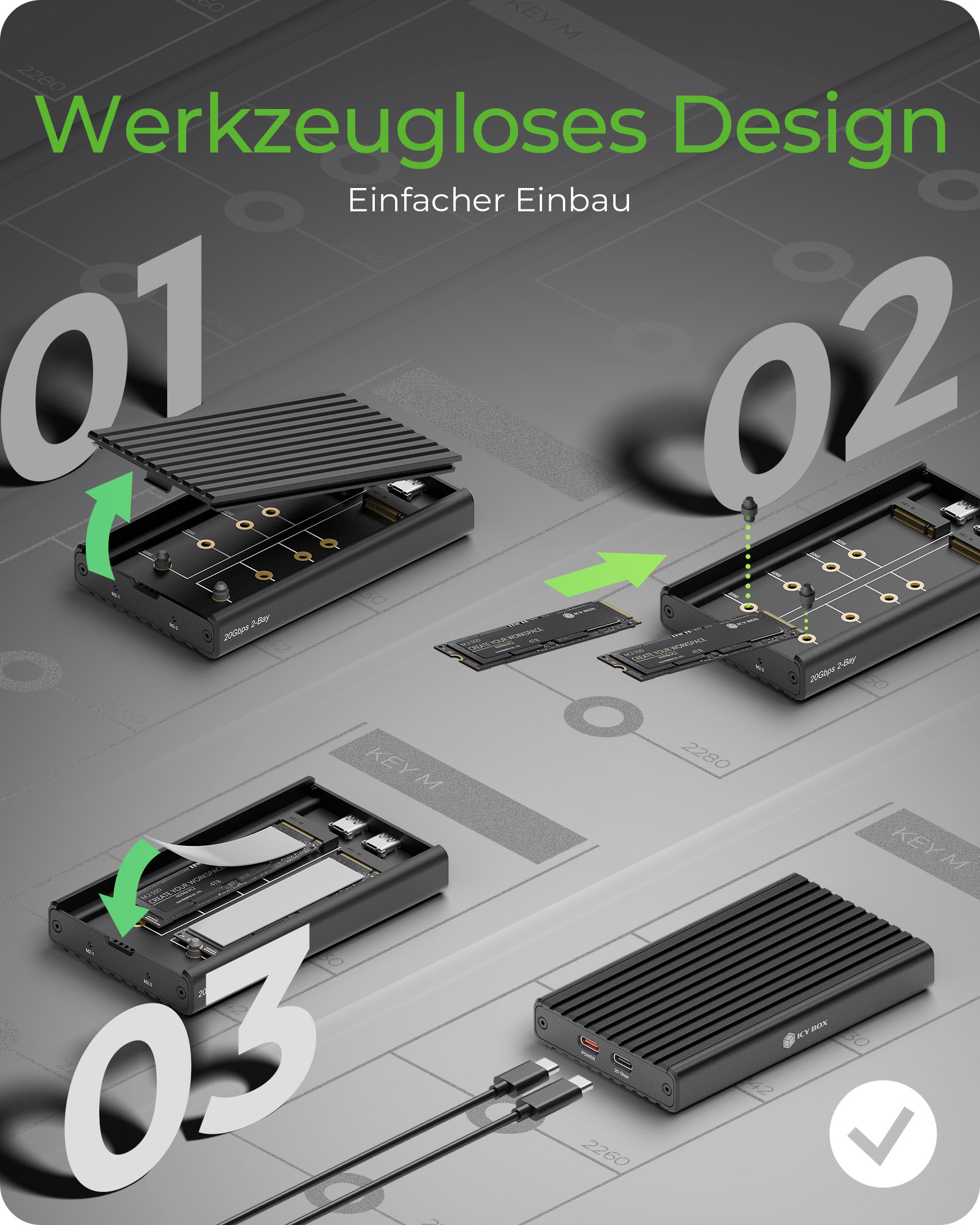 ICY BOX Gehäuse 2-Bay f. M.2 NVMe USB3.2 Gen 2x2 Type-C, Ansicht 4