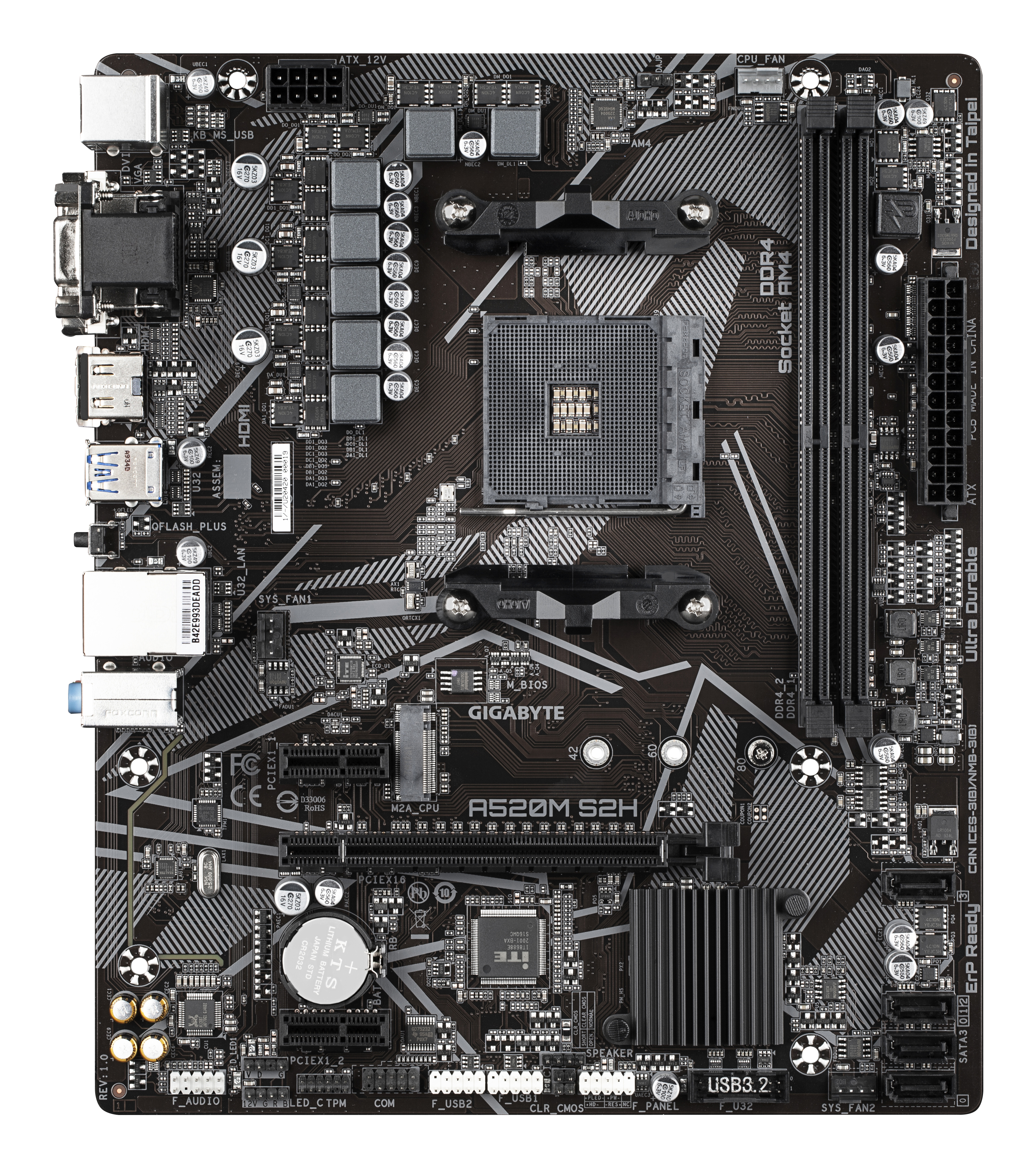 Gigabyte A520M S2H - 1.0 - Motherboard - micro ATX - Socket AM4 - AMD A520 Chipsatz - USB 3.2 Gen 1 - Gigabit LAN, Ansicht 2