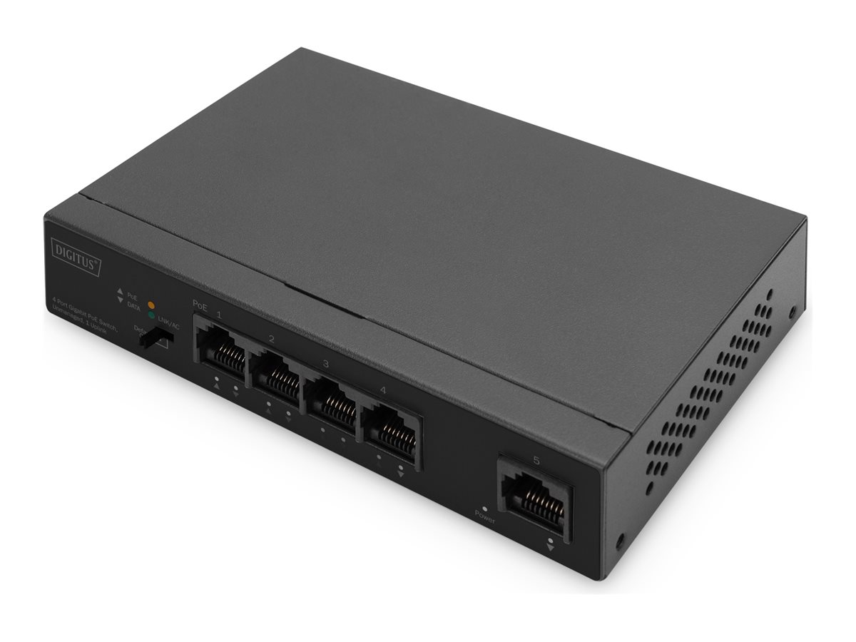 DIGITUS - Switch - unmanaged - 4 x 10/100/1000 (PoE) + 1 x 10/100/1000 (Uplink) - Desktop - PoE (60 W)