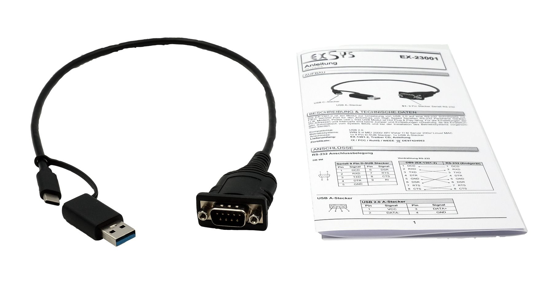 Exsys EX-23001 - Schwarz - 0,5 m - DB-9 - Männlich - Männlich - Gerade, Ansicht 3