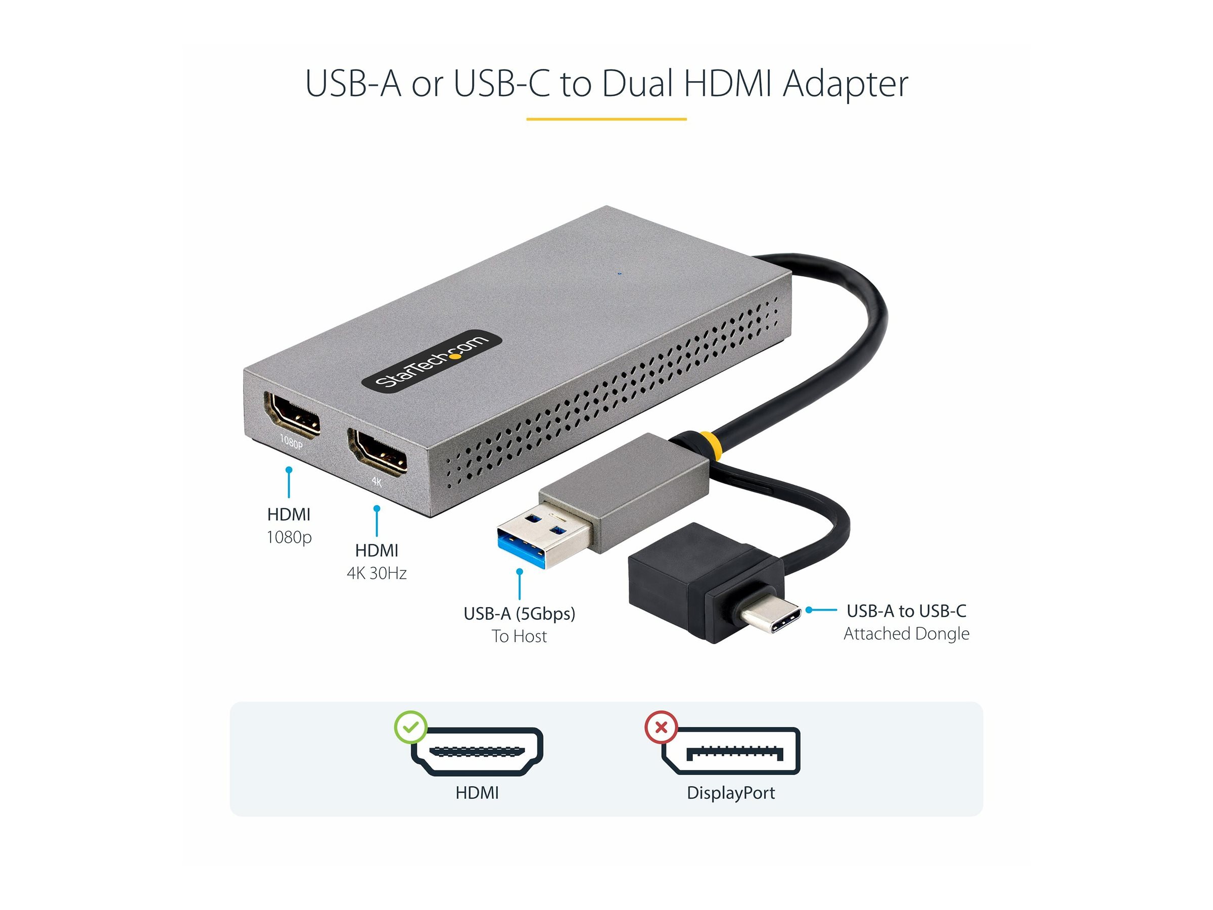 StarTech.com USB HDMI Dual Monitor Adapter, USB A/C zu 2x HDMI (4K & FHD)