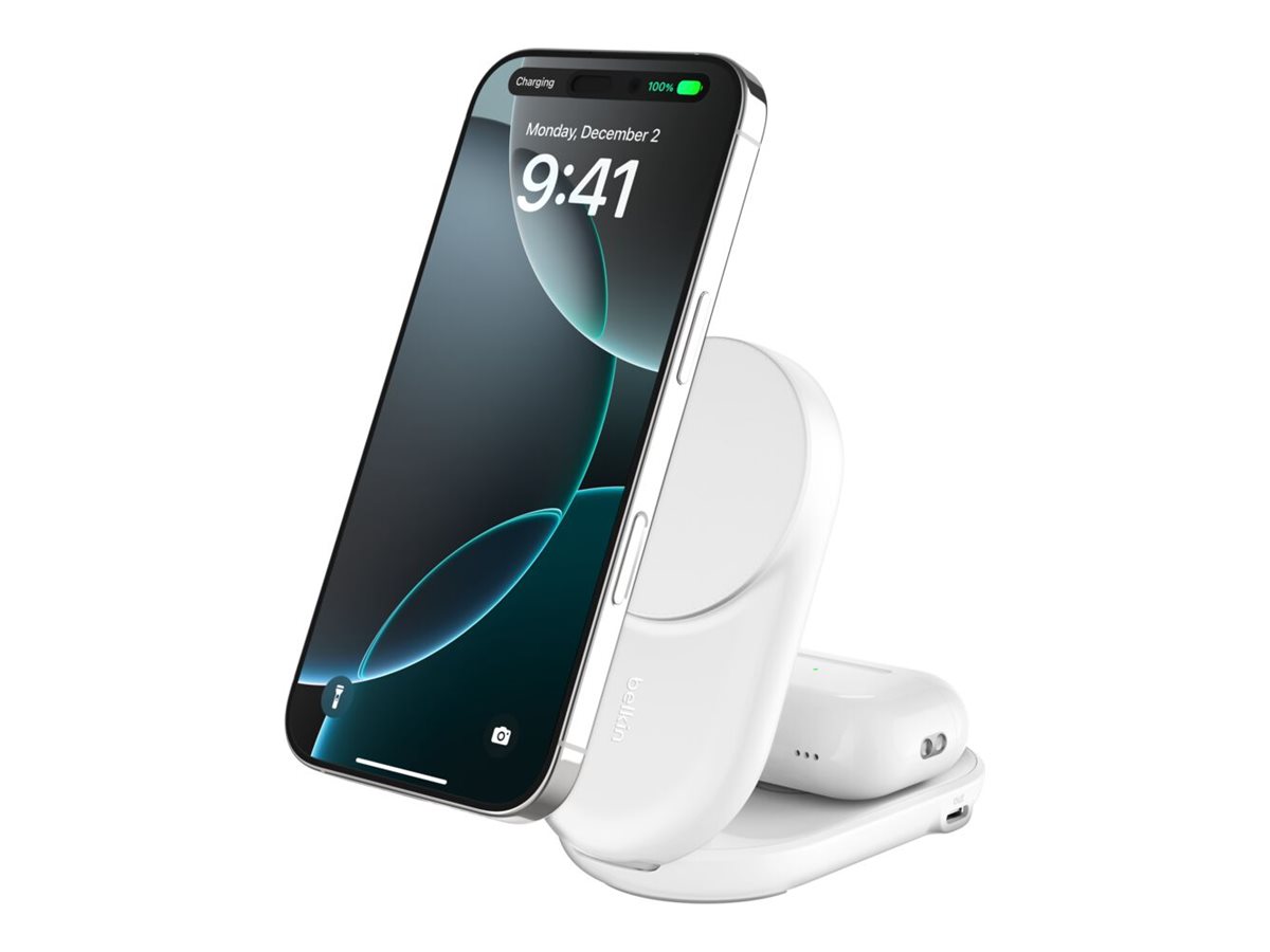 Belkin UltraCharge - Kabelloses Ladegerät - 2-in-1, Qi2, magnetisch, faltbar + AC-Netzteil - 25 Watt - Ultra Fast Charge (24 pin USB-C)
