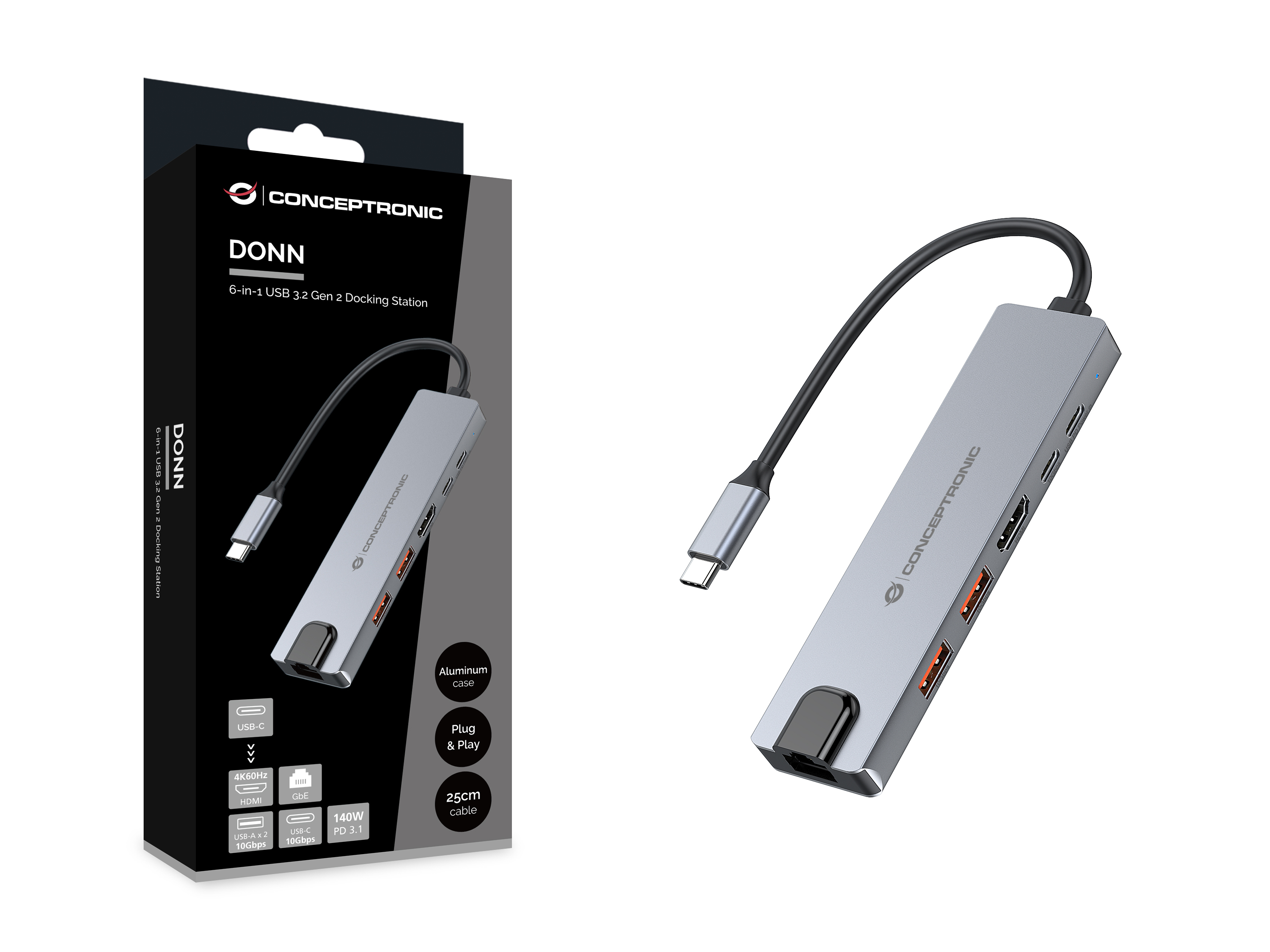 Conceptronic DONN29G 6-in-1 USB 3.2 Gen 2 Dockingstation - 4K60Hz HDMI - USB-A 10Gbps x 2 - USB-C, Ansicht 2