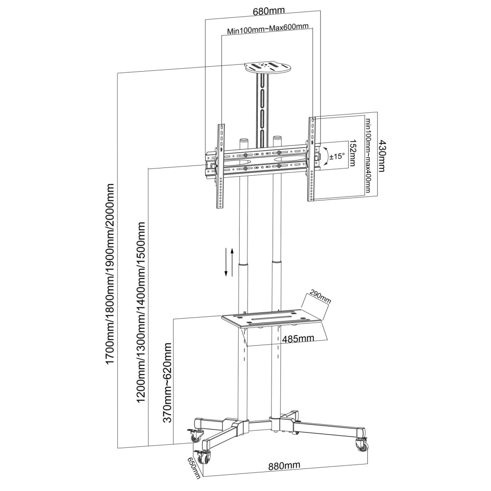 Techly ICA-TR216T - 94 cm (37 Zoll) - 177,8 cm (70 Zoll) - 200 x 200 mm - 600 x 400 mm - -15 - 15° - Schwarz, Ansicht 2