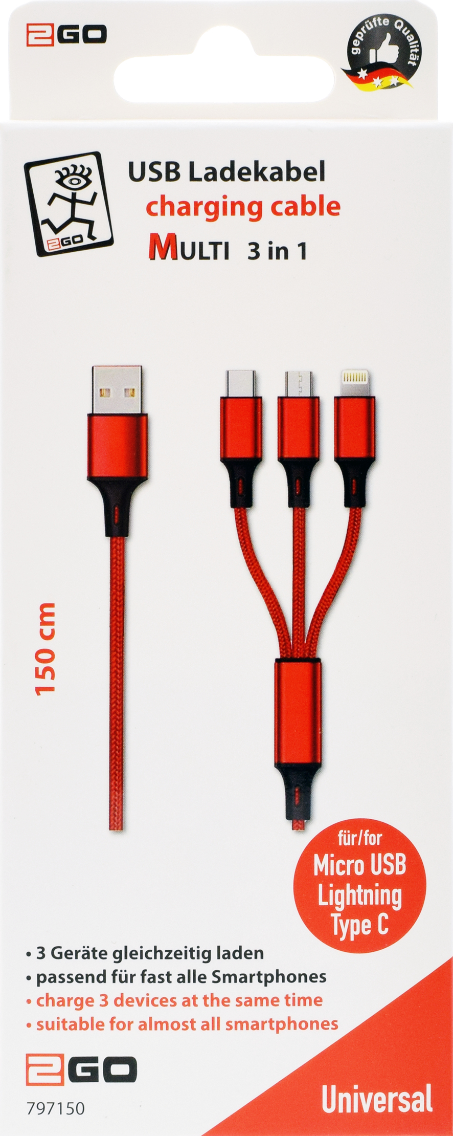2GO 3in1 USB Ladekabel Micro-USB Apple TypeC Nylon rot - Kabel - Digital/Daten, Ansicht 2