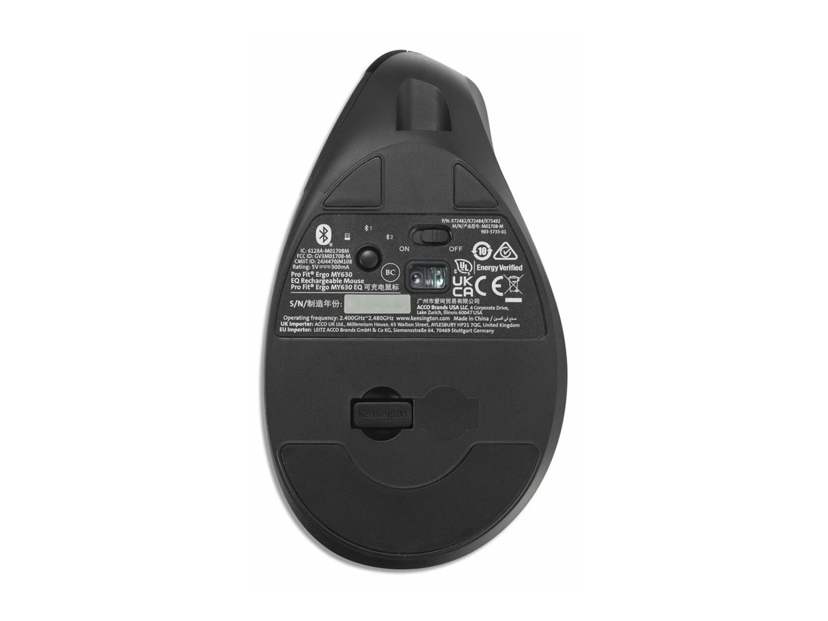 Kensington Pro Fit Ergo MY630 EQ - Maus - wiederaufladbar - ergonomisch - 5 Tasten - kabellos - 2.4 GHz Bluetooth - kabelloser Empfänger (USB)