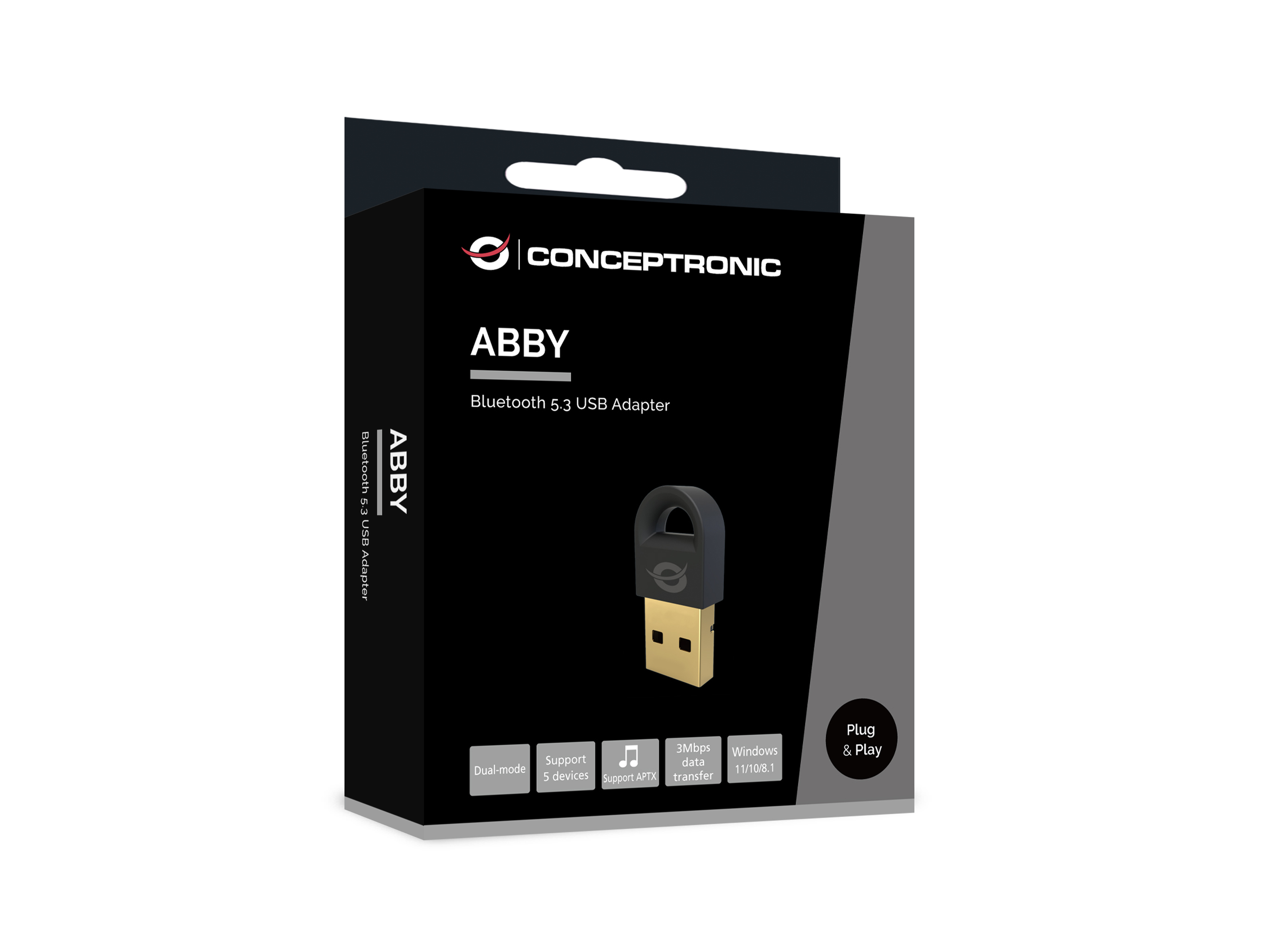 Conceptronic ABBY16B Bluetooth-V5.3-USB-Adapter - Kabellos - USB - Bluetooth - 3 Mbit/s - Schwarz, Ansicht 3