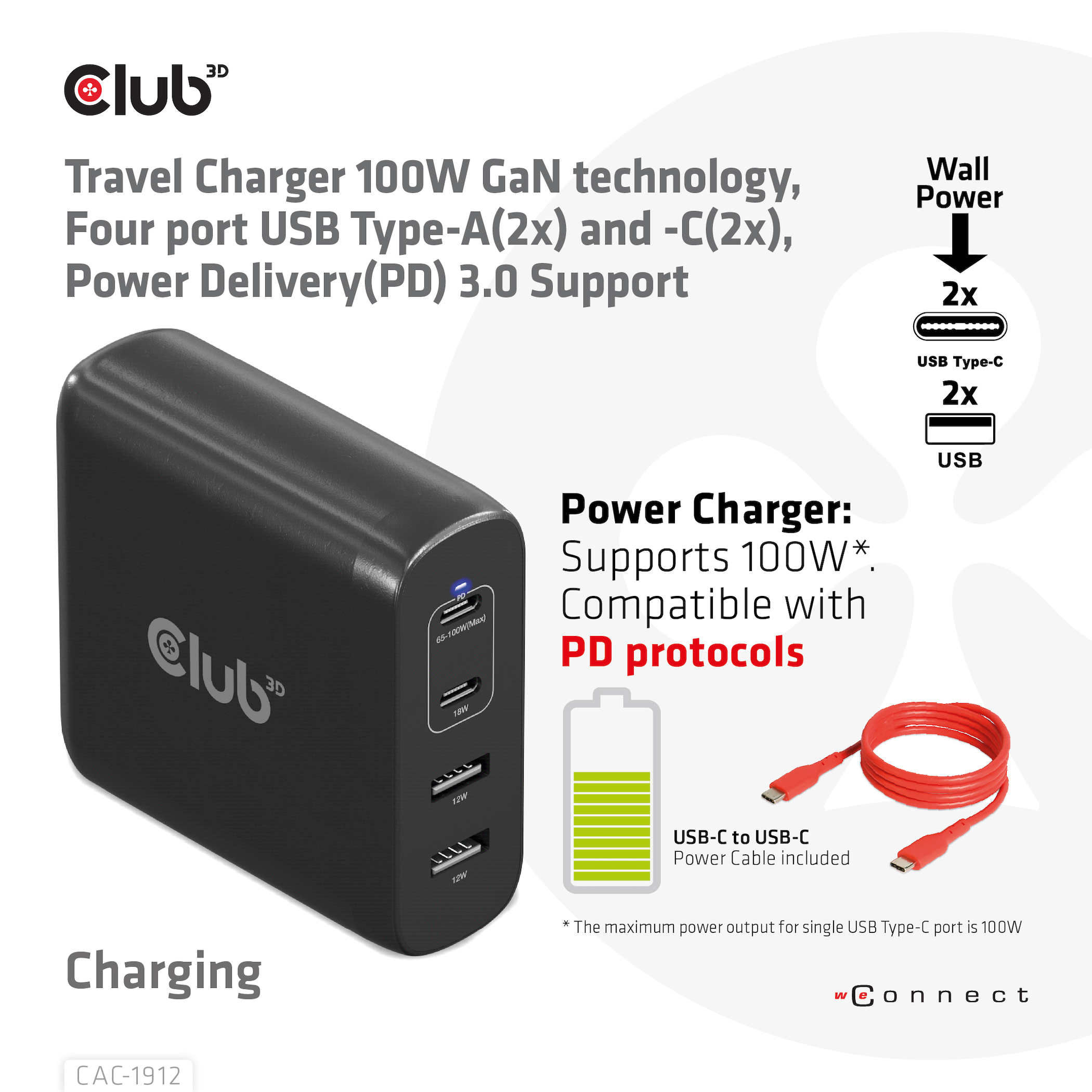 Club 3D CAC-1912EU - Universal - Drinnen/Draußen - 100-240 V - 50-60 Hz - 100 W - 5-20 V, Ansicht 4