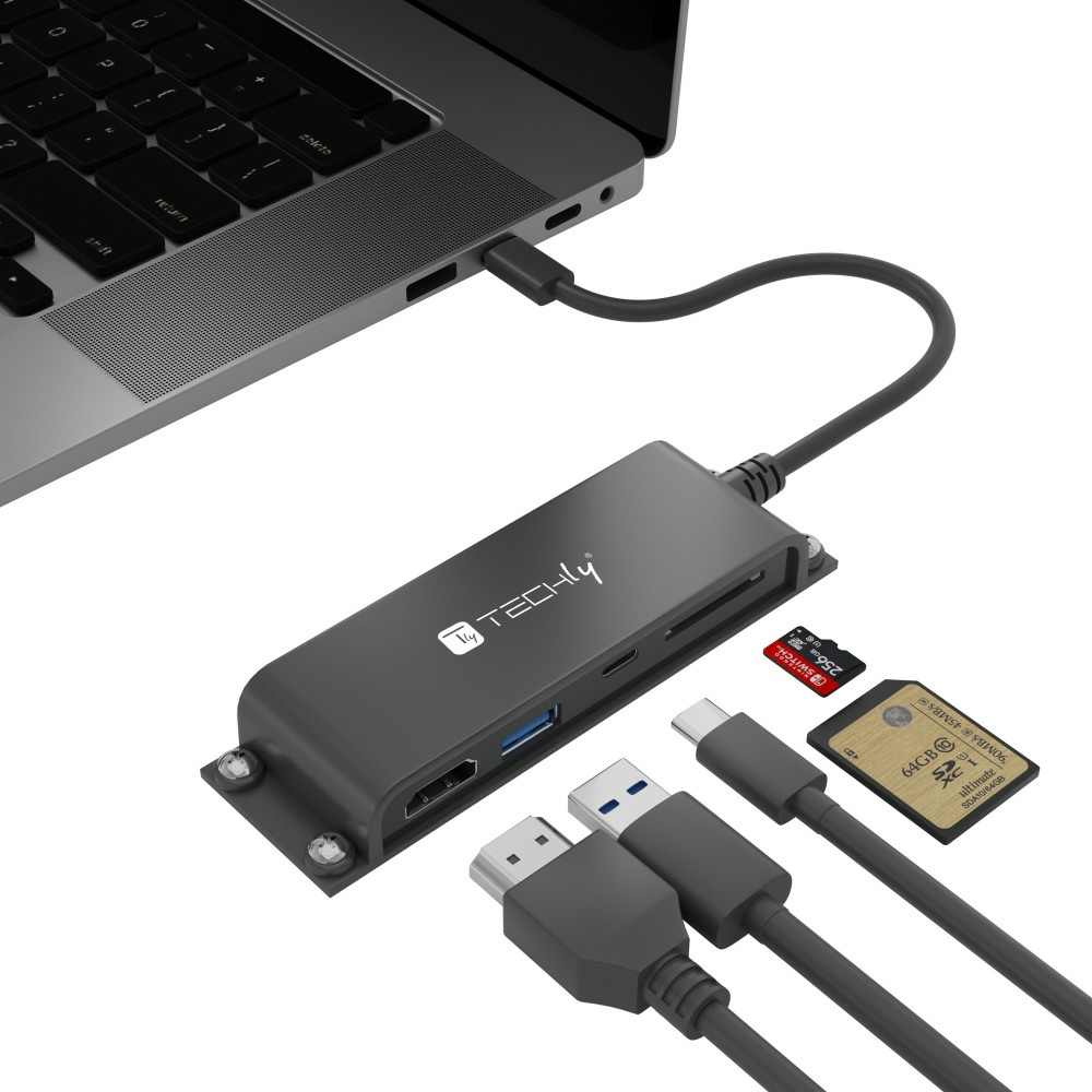 Techly Docking Station 5 in 1 USB-C HDMI Hub mit Micro SD/SD Reader, Ansicht 4