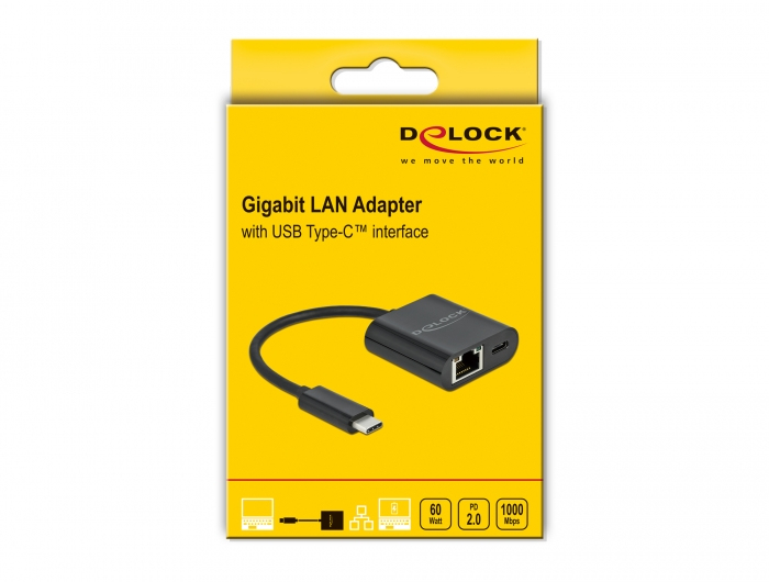 Delock Netzwerkadapter - USB-C 3.2 Gen 1 - Gigabit Ethernet x 1 + USB-C (nur Spannungsversorgung)