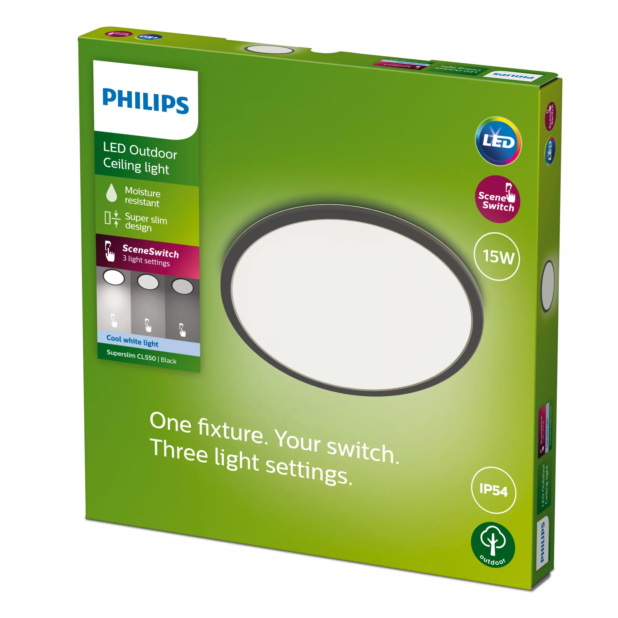 Signify Philips Superslim Deckenleuchte - 15 W - Schwarz - Weiß - IP54 - Garten - Terrasse - II - Modern - Garten, Ansicht 2