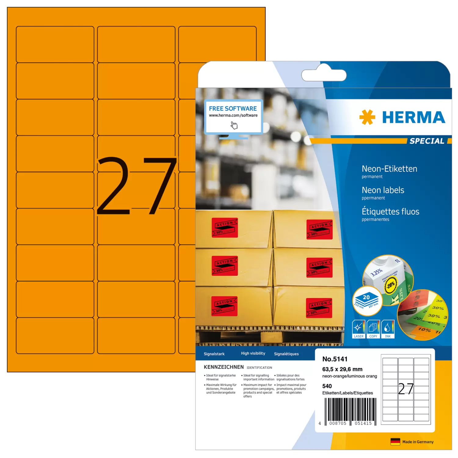 HERMA Special - Papier - matt - permanent selbstklebend - Luminous Orange - 63.5 x 29.6 mm 540 Etikett(en), Ansicht 4