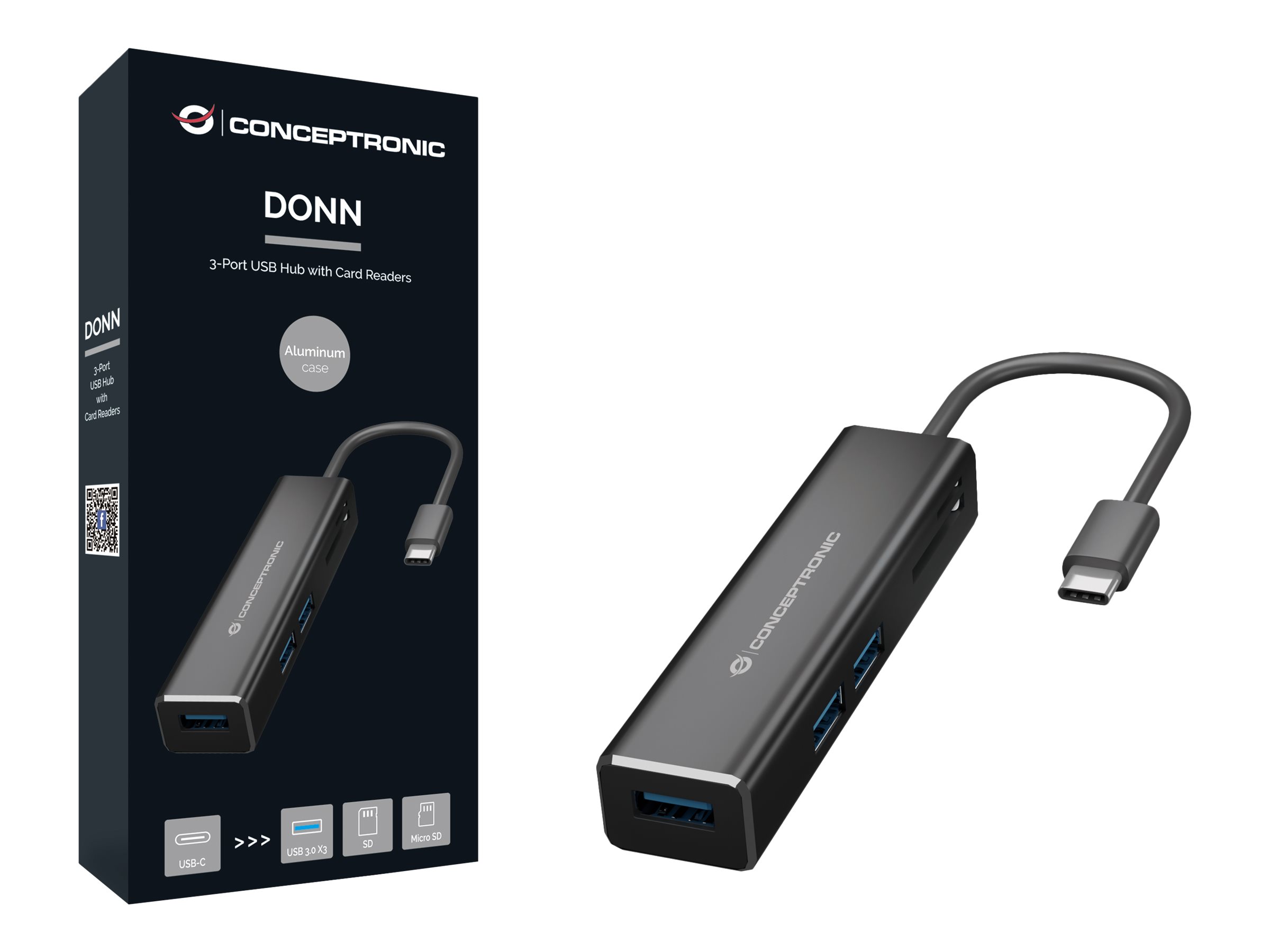 Conceptronic 3-Port USB-C->USB-A 3.0/SD/MicroSD/TF card slot (DONN08B)