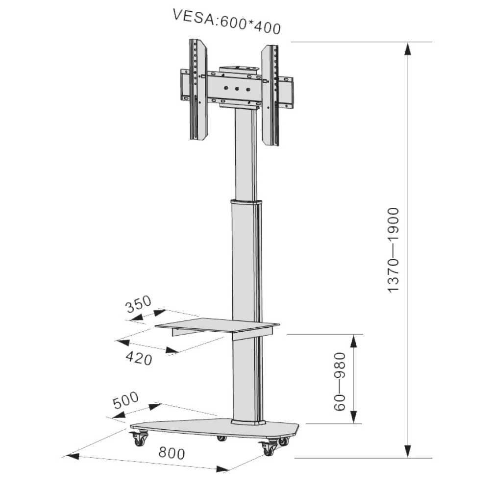 Techly ICA-TR3WH - Wagen - für Flachbildschirm / AV-Ausrüstung - Temperglas - weiß - Bildschirmgröße: 94-177.8 cm, Ansicht 2