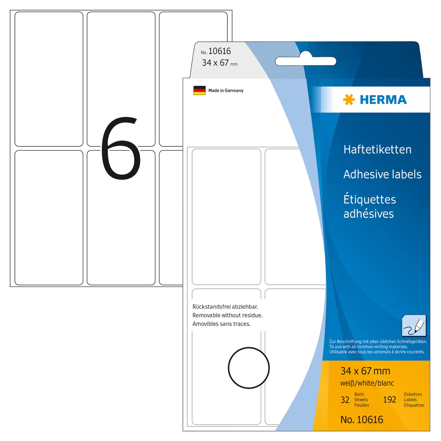 HERMA Movables - Selbstklebend - weiß - 34 x 67 mm 192 Stck. (32 Bogen x 6), Ansicht 2