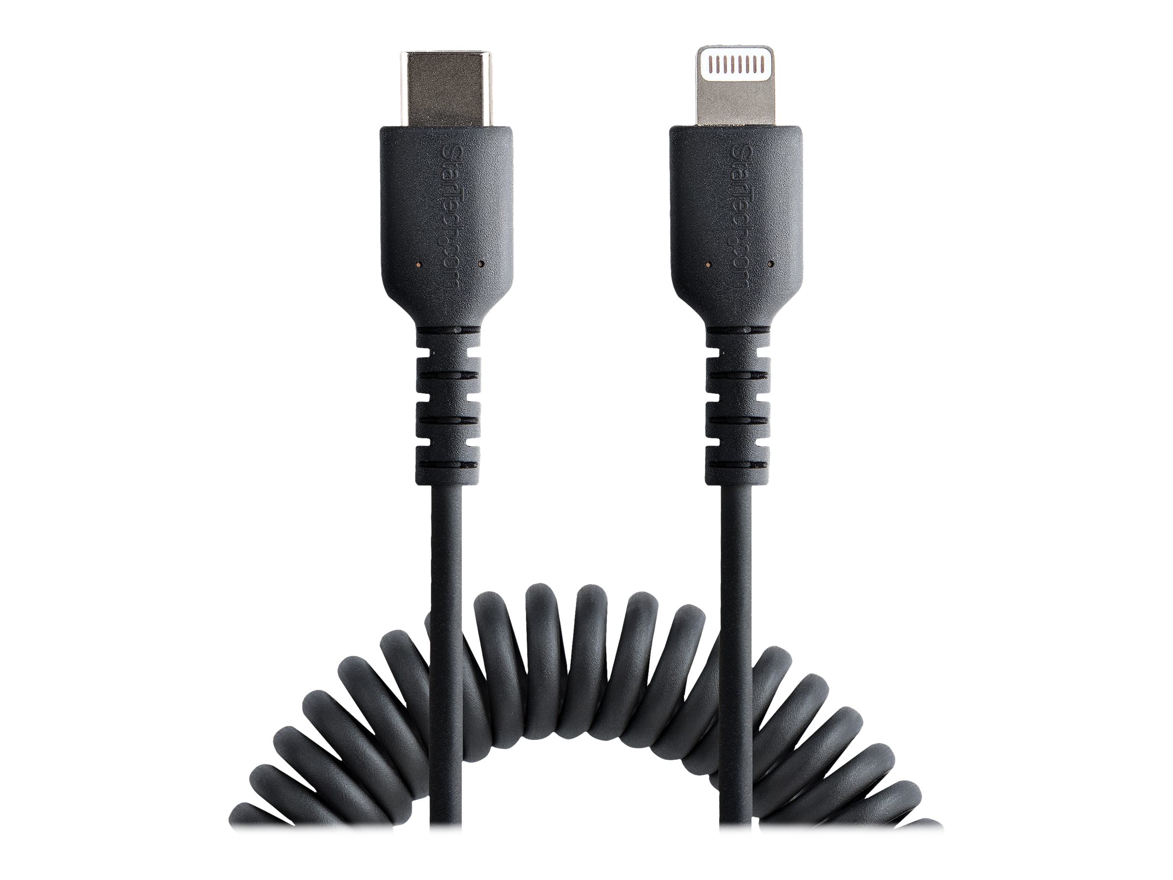 StarTech.com 1m USB C auf Lightning Kabel, spiralkabel, MFi-zertifiziert, Schnellladekabel für iPhone/iPad/iPod , schwarz, langlebiger TPE-Mantel aus Aramidfaser, USB C 2.0 Kabel (RUSB2CLT1MBC)