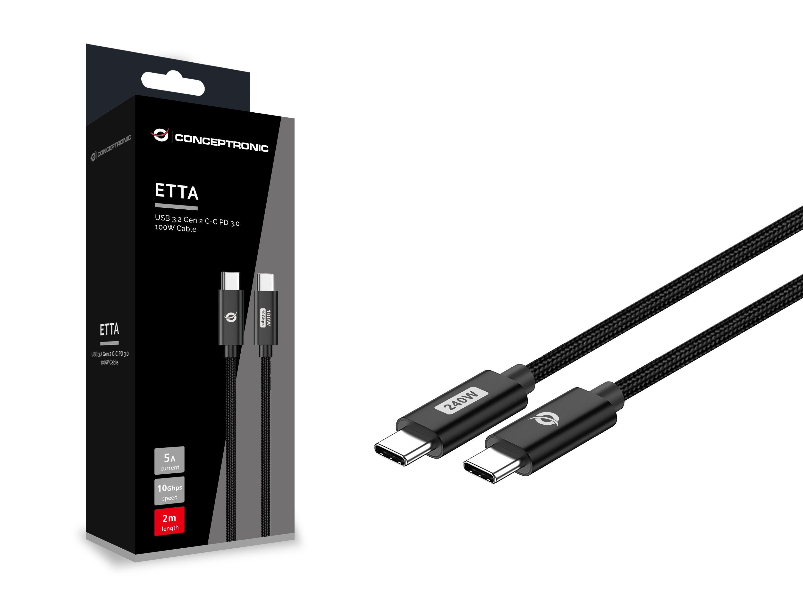 Conceptronic ETTA03B12 USB C-C PD 3.1 240W Schnellladekabel, 1,2m, 48V 5A, 480Mbps, E-Mark, 1,2 m, USB C, USB C, USB 2.0, Ansicht 3