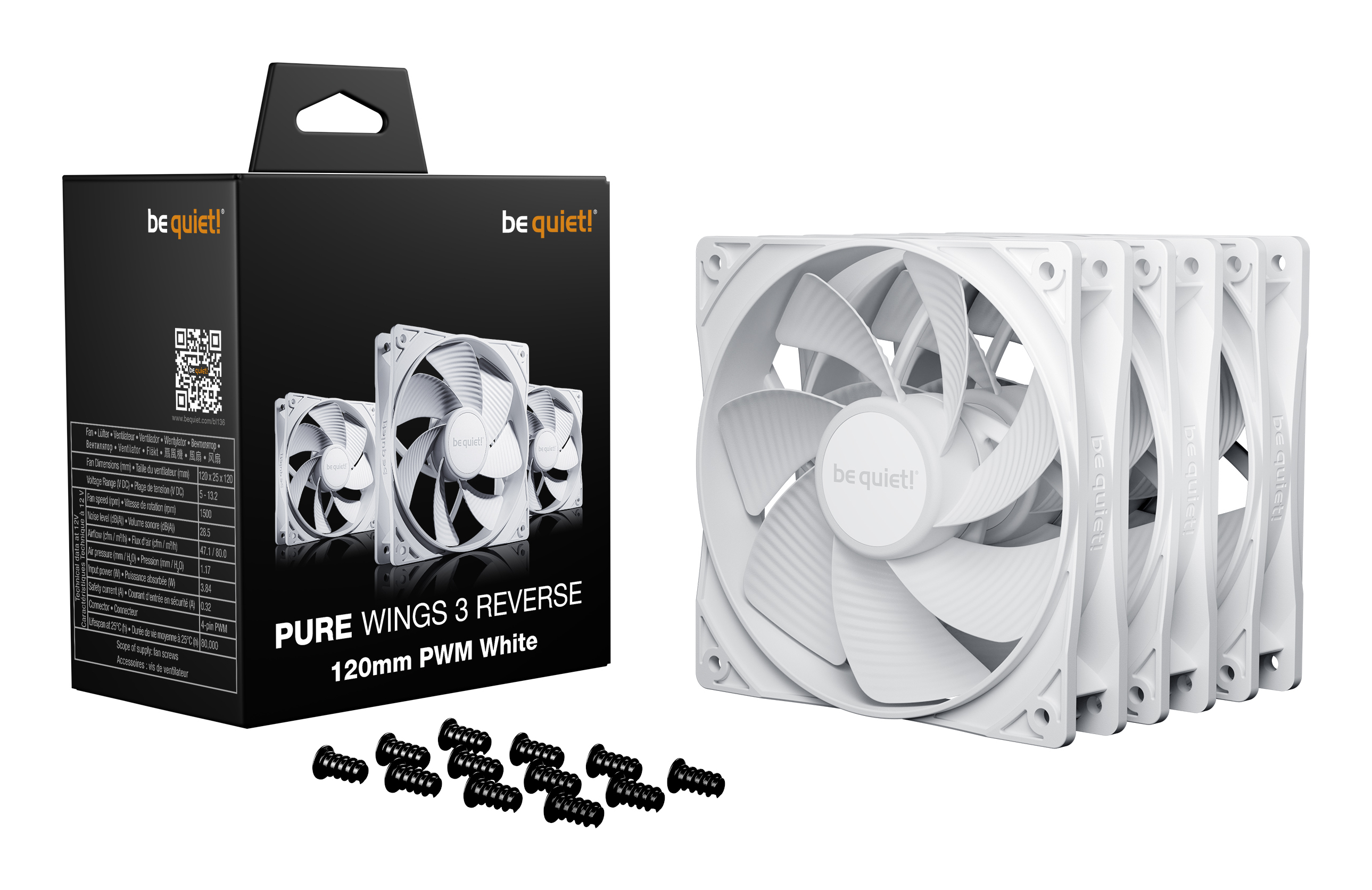 Be Quiet! Gehäuseluefter Pure Wings 3 Reverse 3-Pack 120mm PWM weiß - Gehäuse-Lüfter - 26,5 dB, Ansicht 4