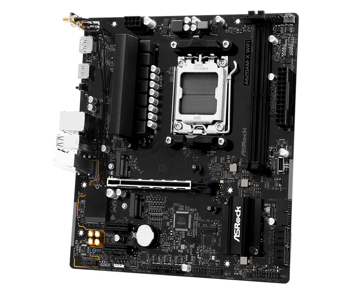 ASRock A620AM-X WIFI - Motherboard - micro ATX - Socket AM5 - AMD A620A Chipsatz - 2.5 Gigabit LAN, Wi-Fi, Bluetooth, Ansicht 4