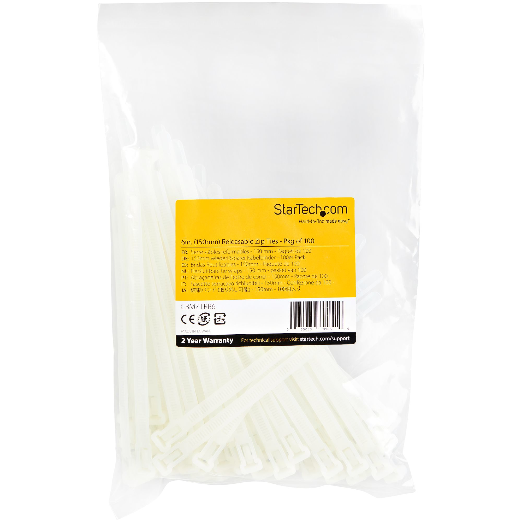 StarTech.com 15cm(6) Reusable Cable Ties, 7mm(1/4) wide, 35mm(1-3/8) Bundle Dia. 22kg(50lb) Tensile Strength - Weiß, Ansicht 4
