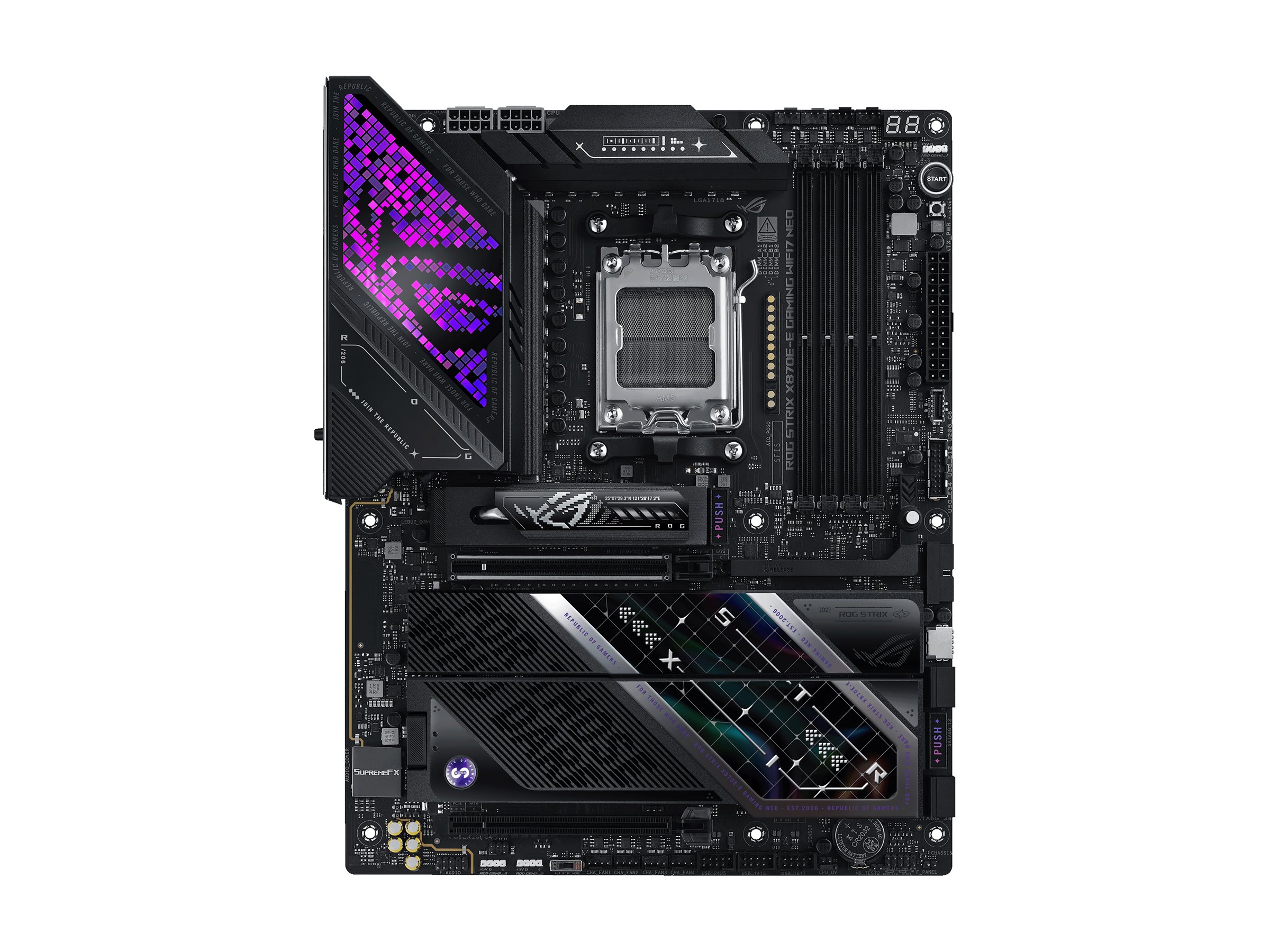 ASUS ROG STRIX X870E-E GAMING WIFI7 NEO - Motherboard - ATX - Socket AM5 - AMD X870E Chipsatz - USB4, USB 3.2 Gen 1, USB-C 3.2 Gen2, USB 3.2 Gen 2, USB-C 3.2 Gen 2x2 - Wi-Fi 7, 5 Gigabit Ethernet, Bluetooth - Onboard-Grafik (CPU erforderlich)
