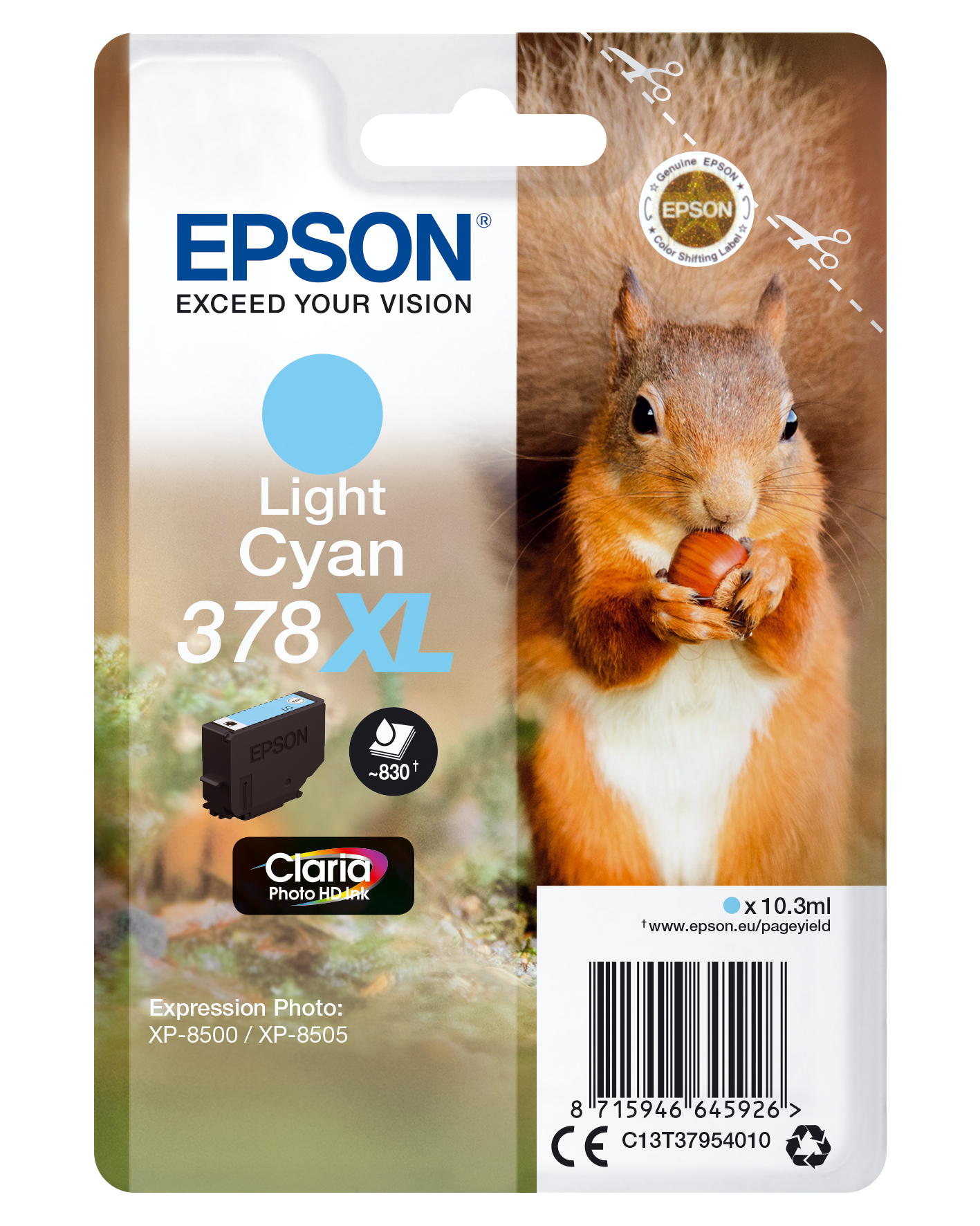 Epson Squirrel Singlepack Light Cyan 378XL Claria Photo HD Ink, Hohe (XL-) Ausbeute, Tinte auf Pigmentbasis, 10,3 ml, 830 Seiten, 1 Stück(e)