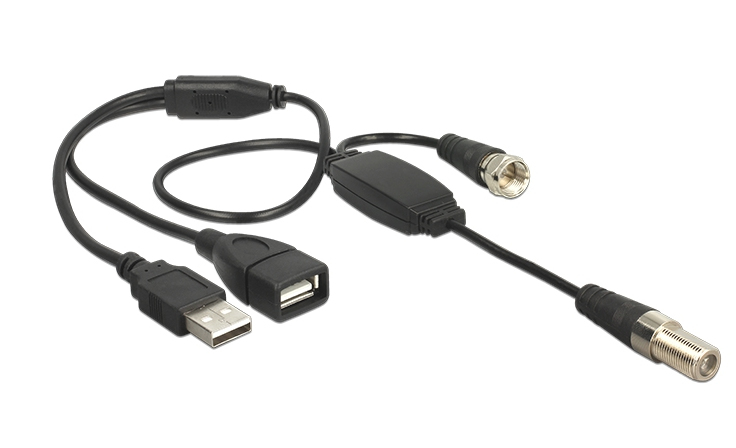 Delock 13006, 0,22 m, RG-174, 1 x IEC female, 1 x IEC plug, 1 x USB 2.0 Type-A female, 1 x USB 2.0 Type-A male, Schwarz