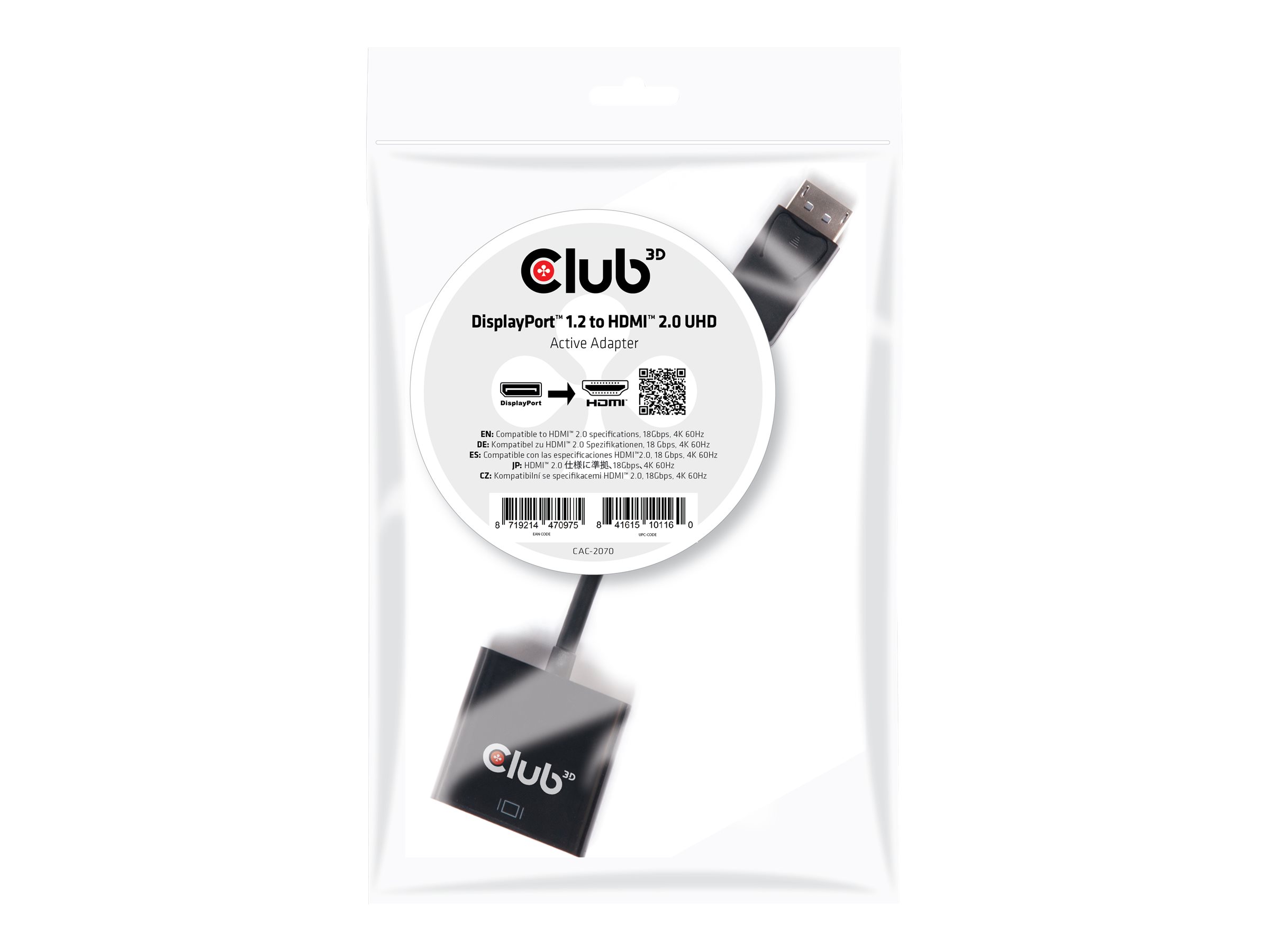 Club 3D Adapter DisplayPort > HDMI 2.0 3D 4K60Hz aktiv St/Bu Polybeutel (CAC-2070)