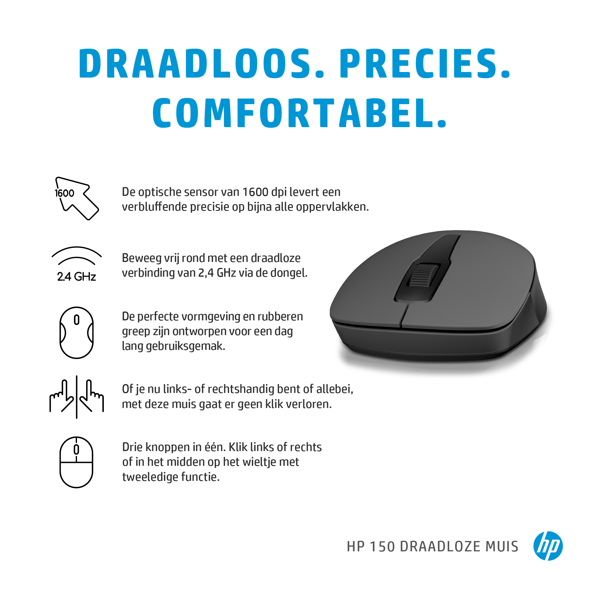 HP 150 - Maus - Für Rechtshänder - optisch - 3 Tasten - kabellos - 2.4 GHz - kabelloser Empfänger (USB), Ansicht 2