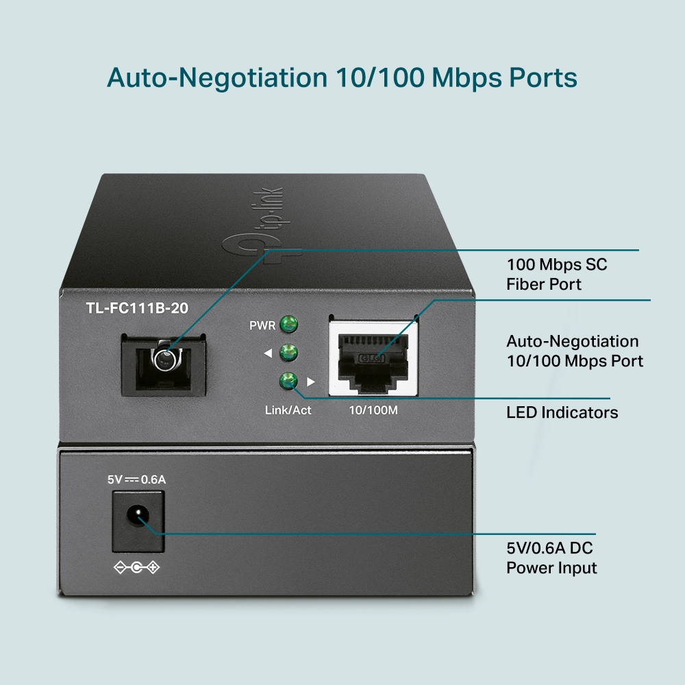 TP-LINK TL-FC111B-20 - Medienkonverter - 100Mb LAN - 10Base-T, 100Base-TX, WDM - SC/UPC Einzelmodus / RJ-45, Ansicht 3