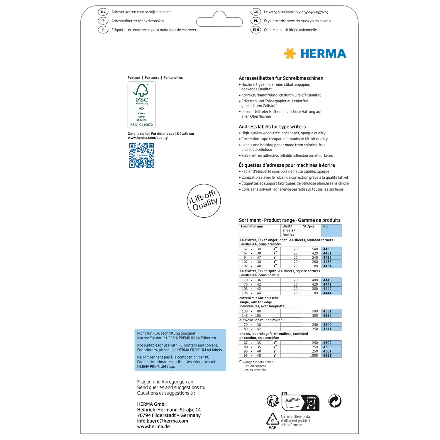 HERMA Papier - matt - permanent selbstklebend - perforiert - weiß - 102 x 38 mm 280 Etikett(en) (20 Bogen x 14), Ansicht 2