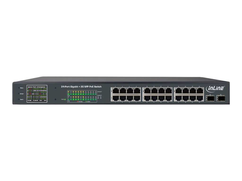 InLine 32324P - Switch - unmanaged - 24 x 10/100/1000 (PoE+) + 2 x Gigabit SFP (Uplink) - an Rack montierbar - PoE+ (380 W)