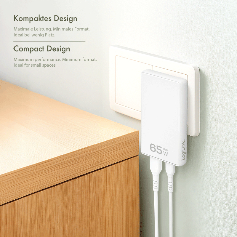 LogiLink USB Steckdosenadapter 1xUSB-A 1xUSB-C 65W weiß, Ansicht 3