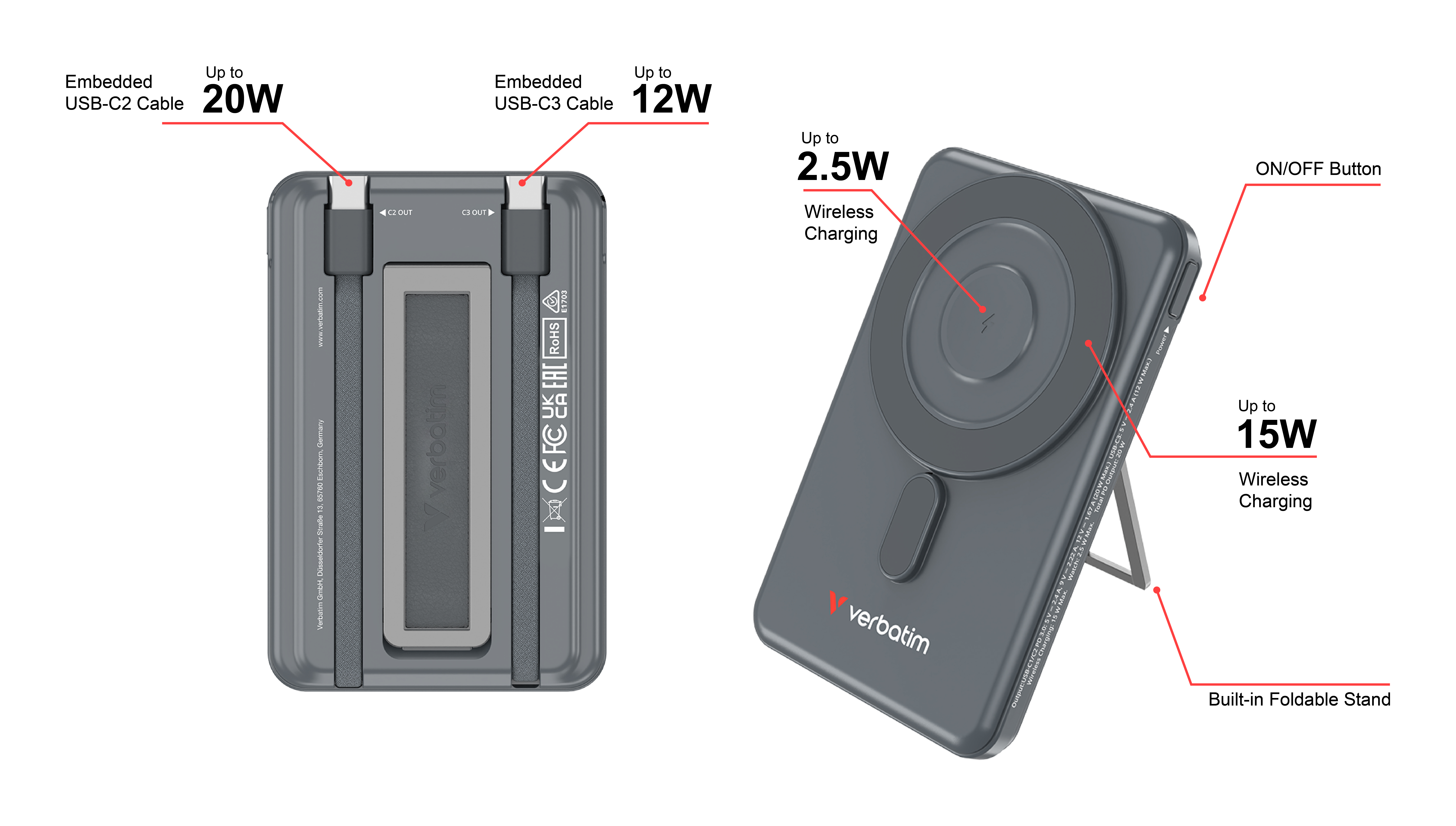 Verbatim Charge´n´ Go 2 USB-C cables 5000 Power Bank Grey, Ansicht 2