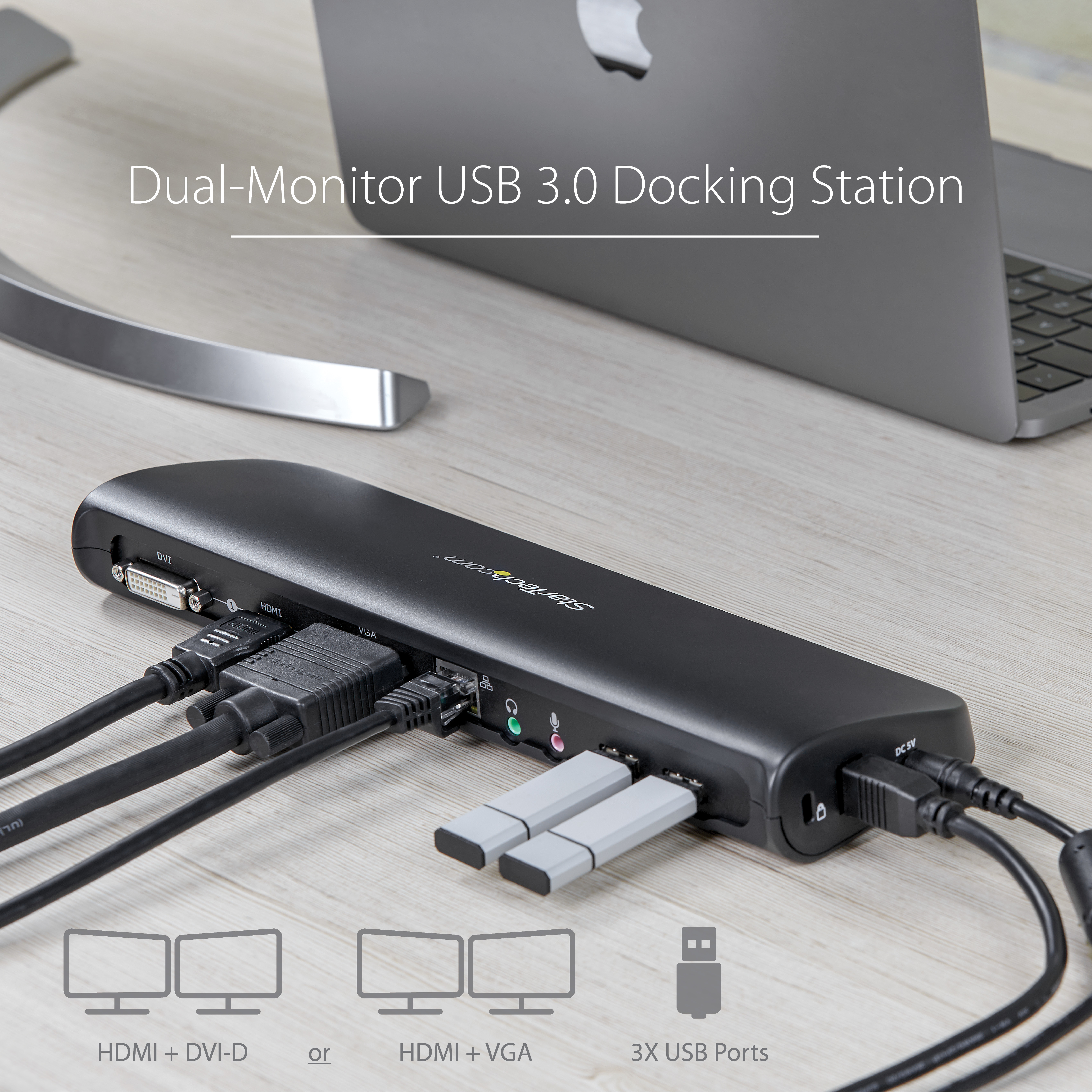 StarTech.com USB3SDOCKHDV USB Dockingstation, USB 3.0, dual Monitor, HDMI&reg; & DVI/ VGA, RJ45 Ethernet Port, Ansicht 2