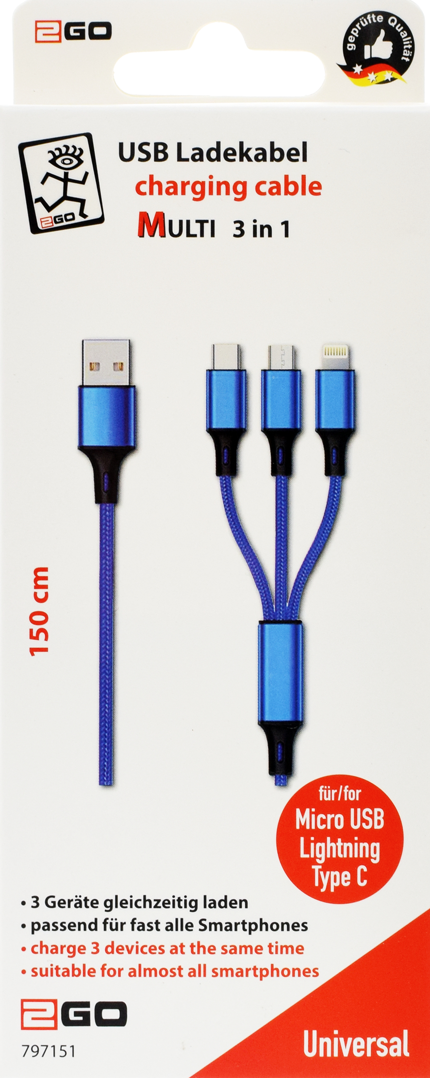 2GO 797151 - 1,5 m - USB B - USB C/Micro-USB B/Lightning - Schwarz - Blau, Ansicht 2
