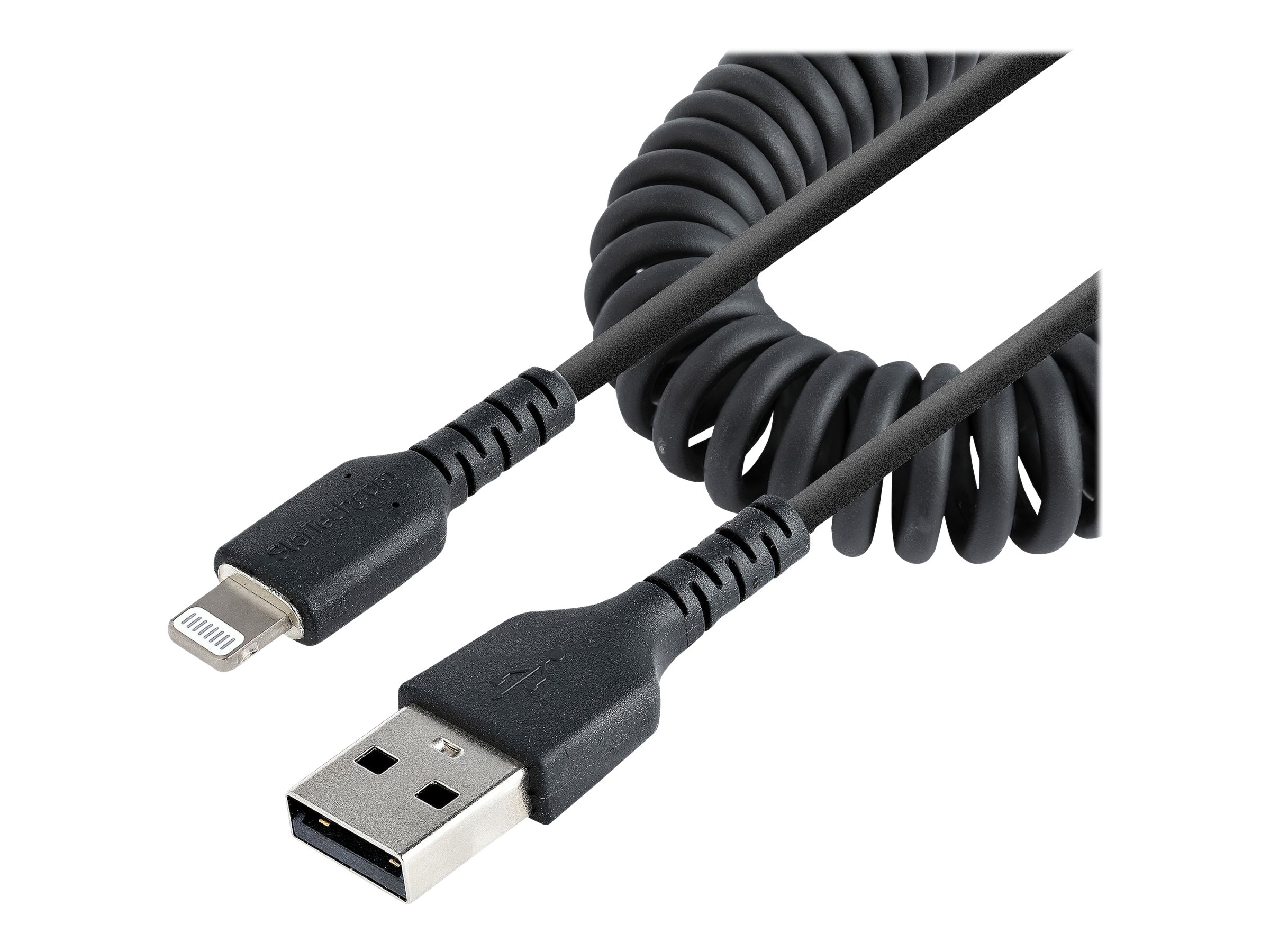 StarTech.com 50cm USB auf Lightning Kabel, Spiralkabel, MFi zertifiziert, Schnellladekabel für  iPhone/iPad, Schwarz, robuster TPE Mantel mit Aramidfaser, USB 2.0 Kabel (RUSB2ALT50CMBC)