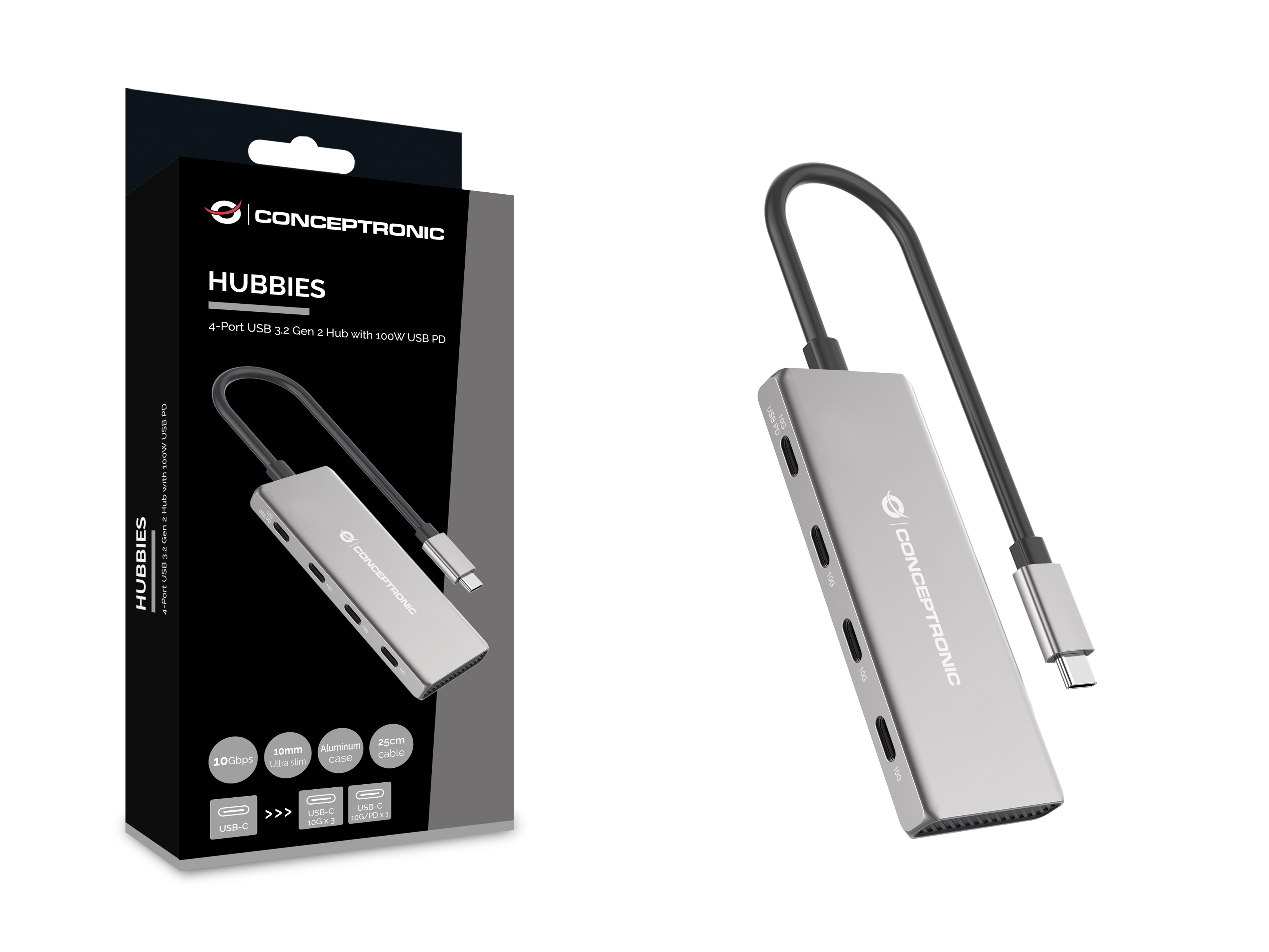Conceptronic HUBBIES16G - USB 3.2 Gen 2 (3.1 Gen 2) Type-C - USB 3.2 Gen 2 (3.1 Gen 2) Type-C - 10000 Mbit/s - Grau, Ansicht 3
