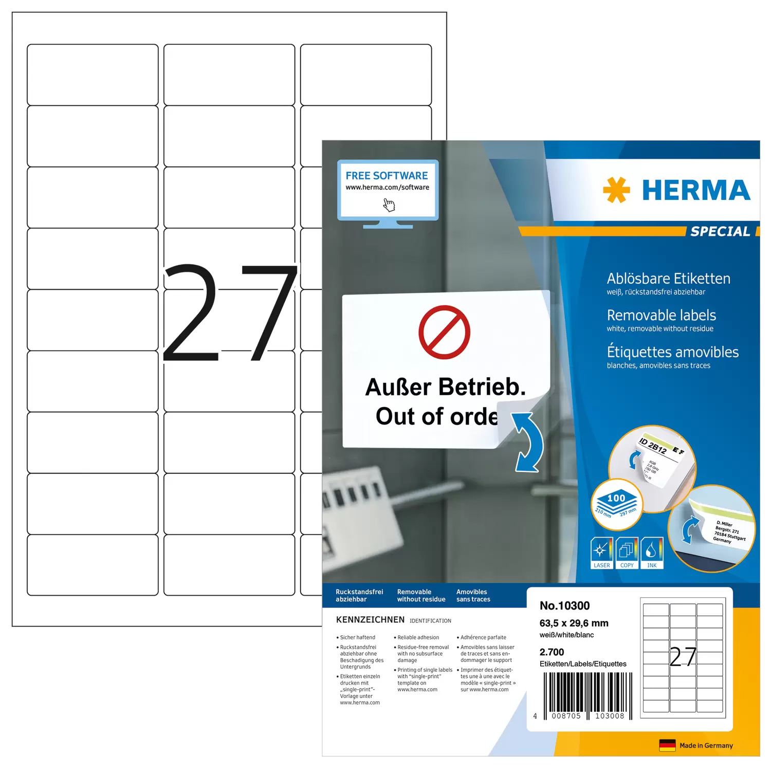 HERMA Special - Papier - matt - selbstklebend, entfernbarer Klebstoff - weiß - 63.5 x 29.6 mm 2700 Etikett(en), Ansicht 4