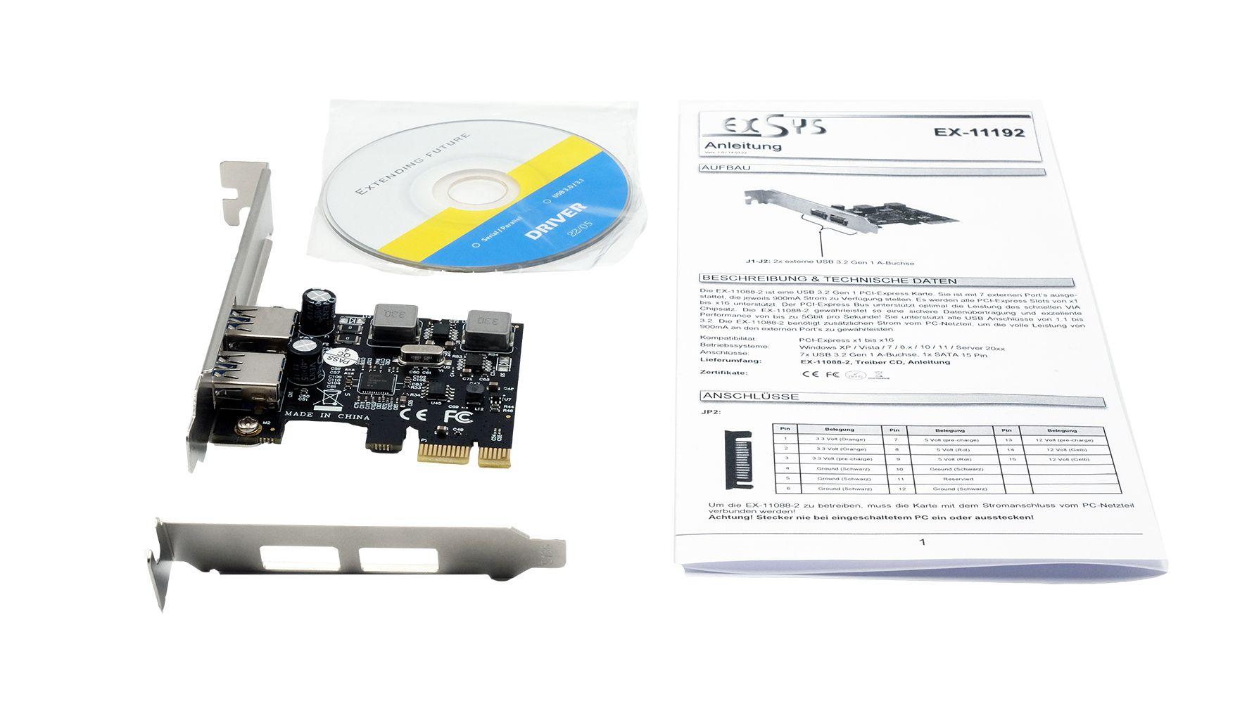 Exsys EX-11192 2-Port USB 3.2 Gen 1 PCIe Karte - Kabel - Digital/Daten, Ansicht 4