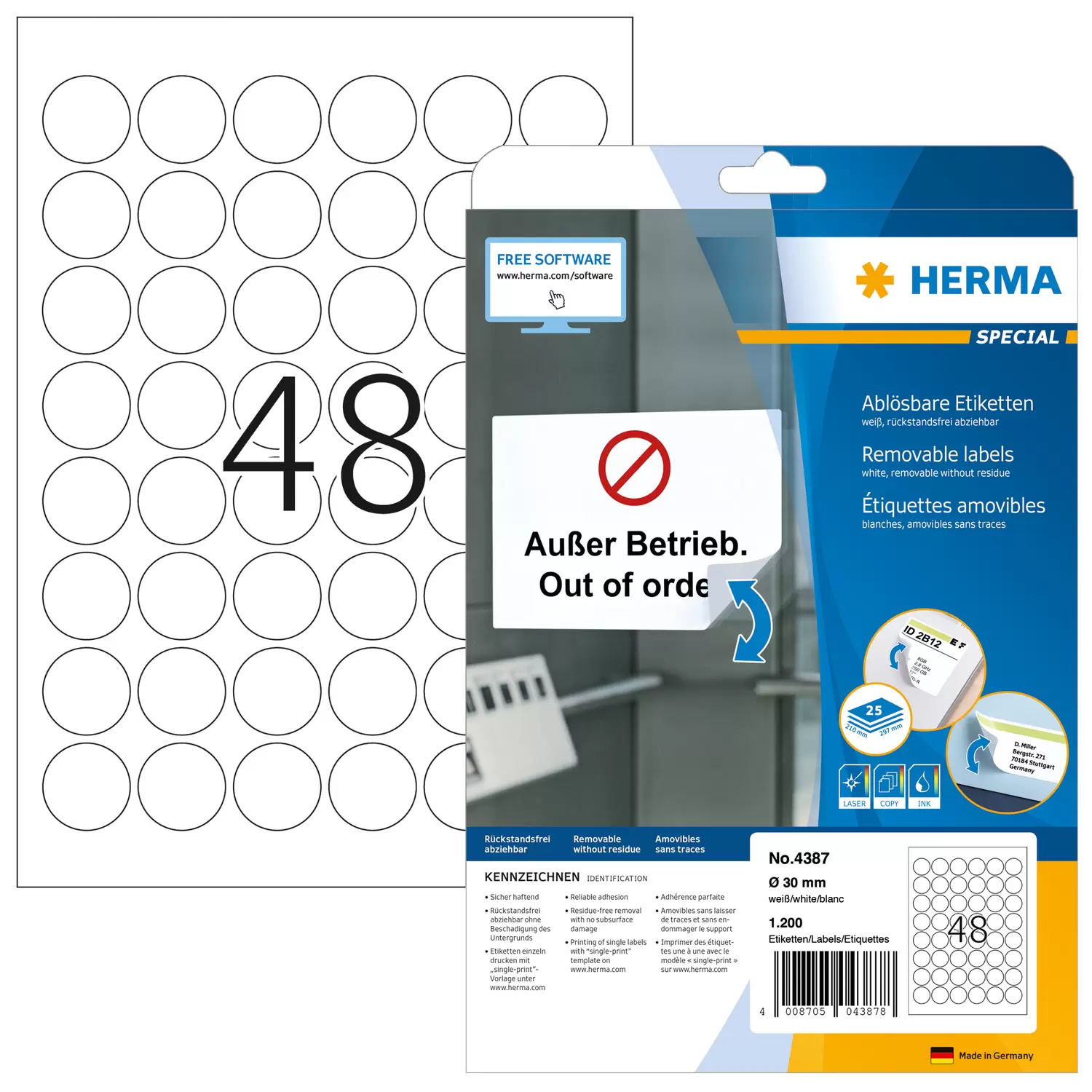 HERMA Special - Papier - matt - selbstklebend, entfernbarer Klebstoff - weiß - 30 mm rund 1200 Etikett(en), Ansicht 4