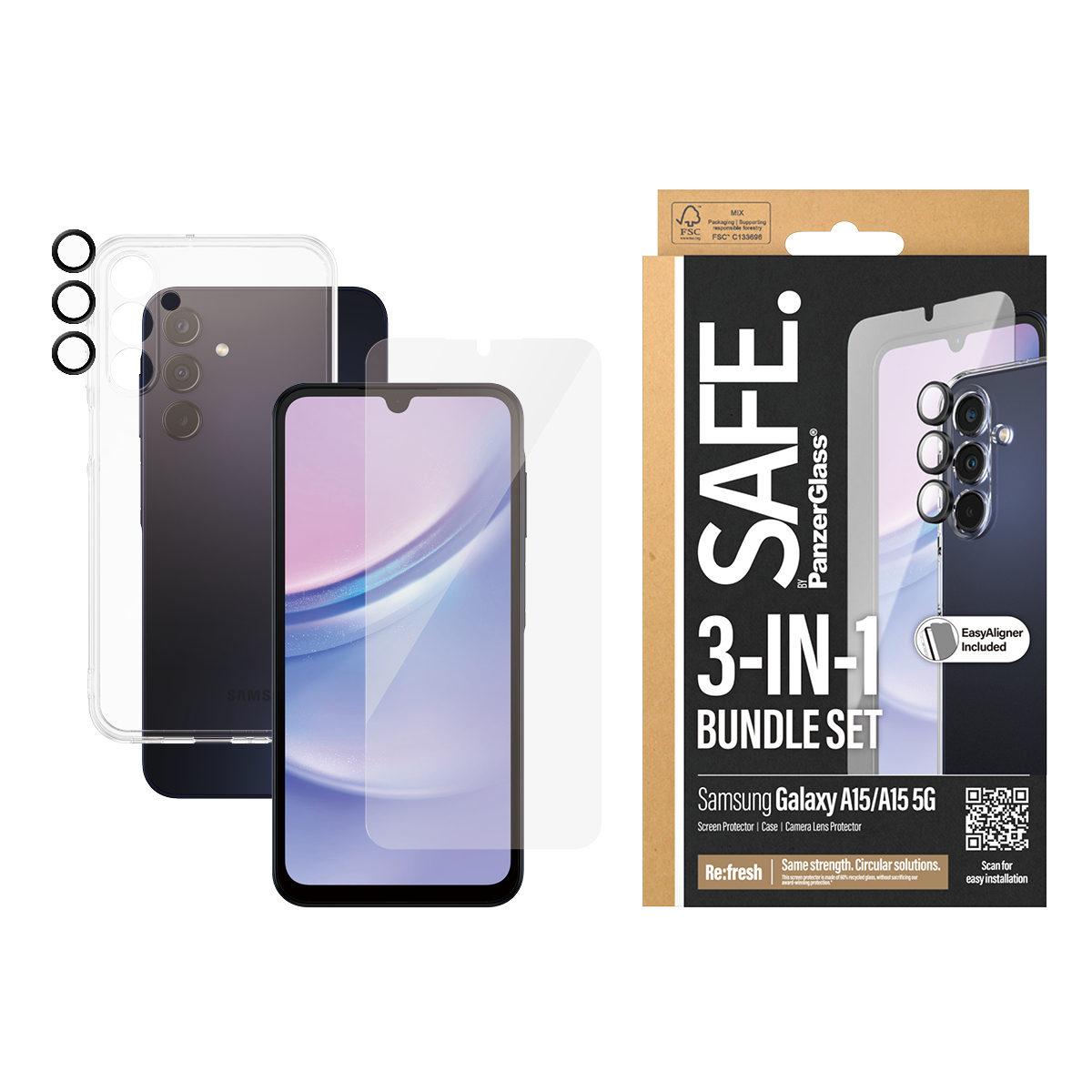 PanzerGlass SAFE. by PanzerGlass - 3-in-1 Schutzpacket - hintere Abdeckung für Samsung Galaxy A15, A15 5G, Ansicht 3