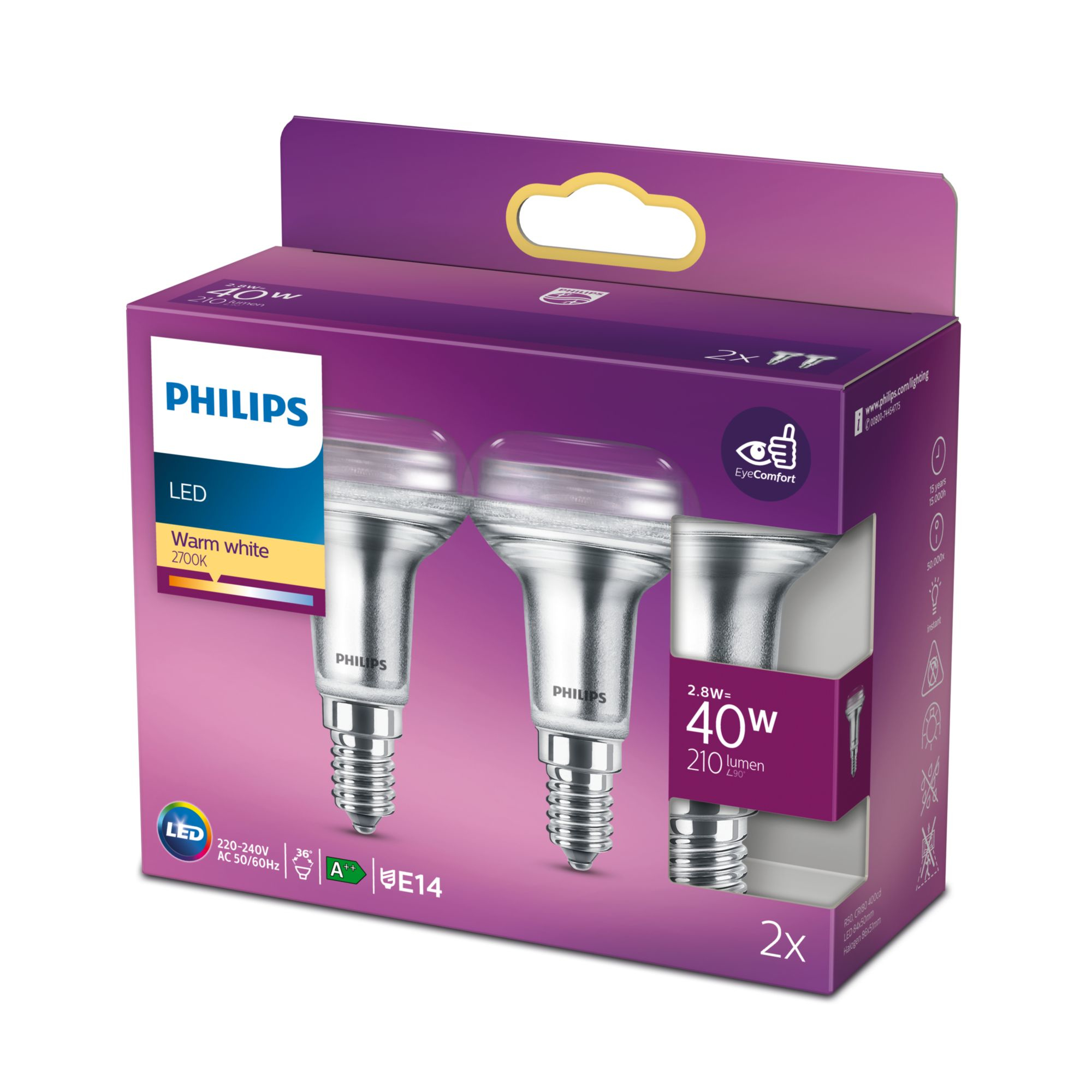 Philips Reflektor 40W R50 E14 x2 - 2,8 W - 40 W - E14 - 210 lm - 15000 h - Warmweiß, Ansicht 2