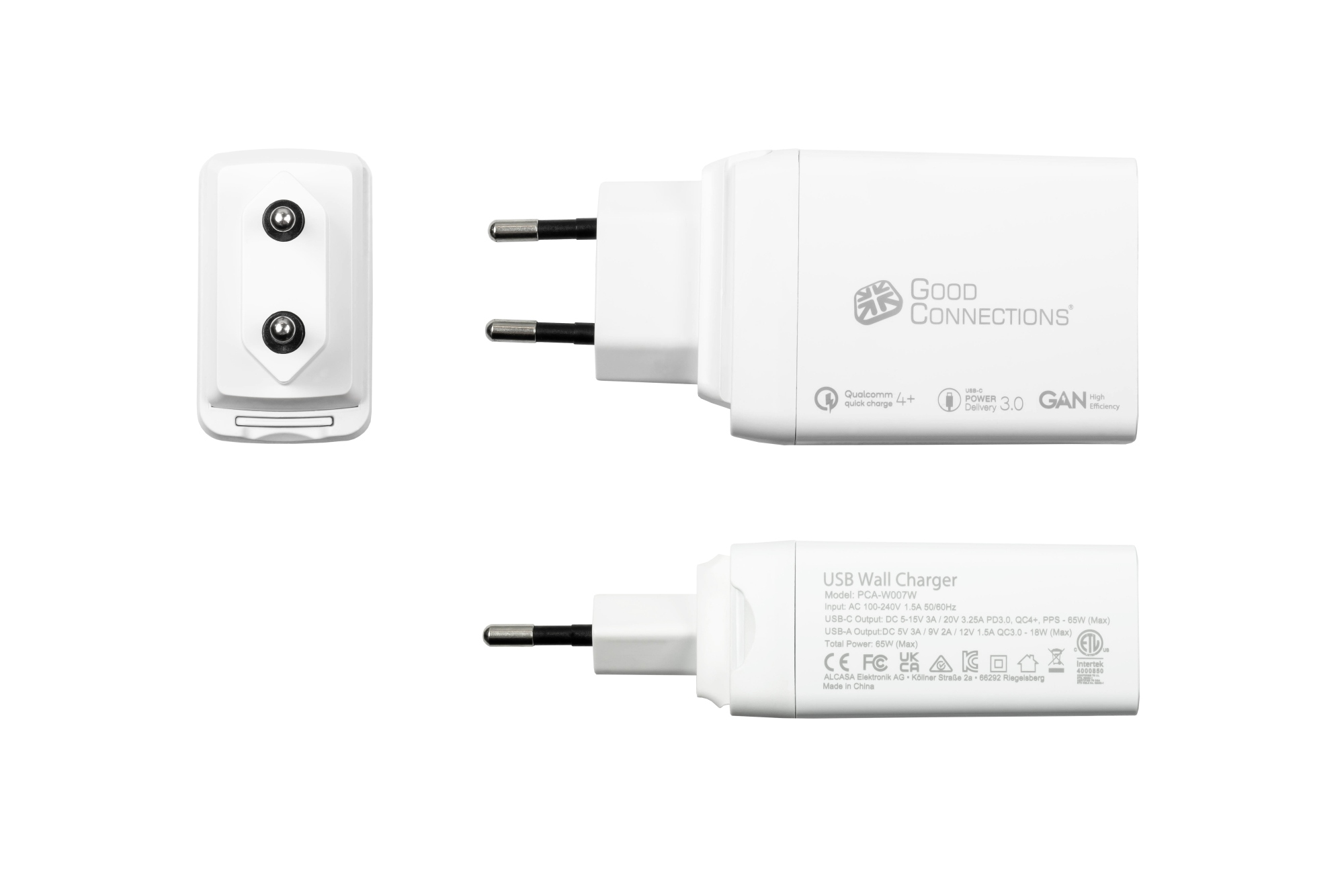 Good Connections USB-Schnellladegerät 65W mit GaN-Technologie, 3-Port (2x USB-C und 1x USB-A), PD 3.0, QC 3.0, Weiß, Ansicht 3